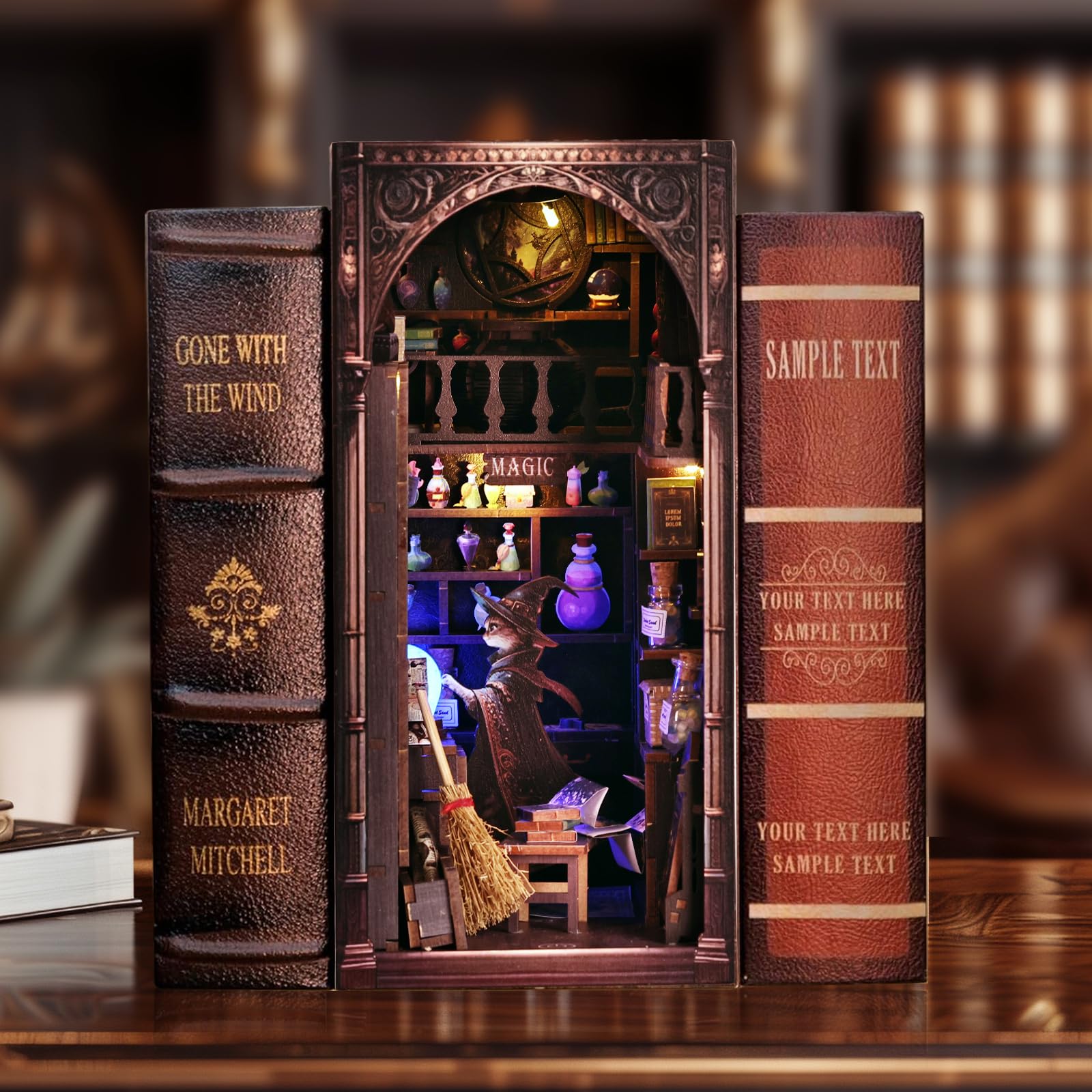 Kit angolo libro 3D Magic Cat Wizard, kit fai da te in miniatura per casa delle bambole per adulti e adolescenti, puzzle con inserto fermalibri in legno 3D, modello mini casa magica