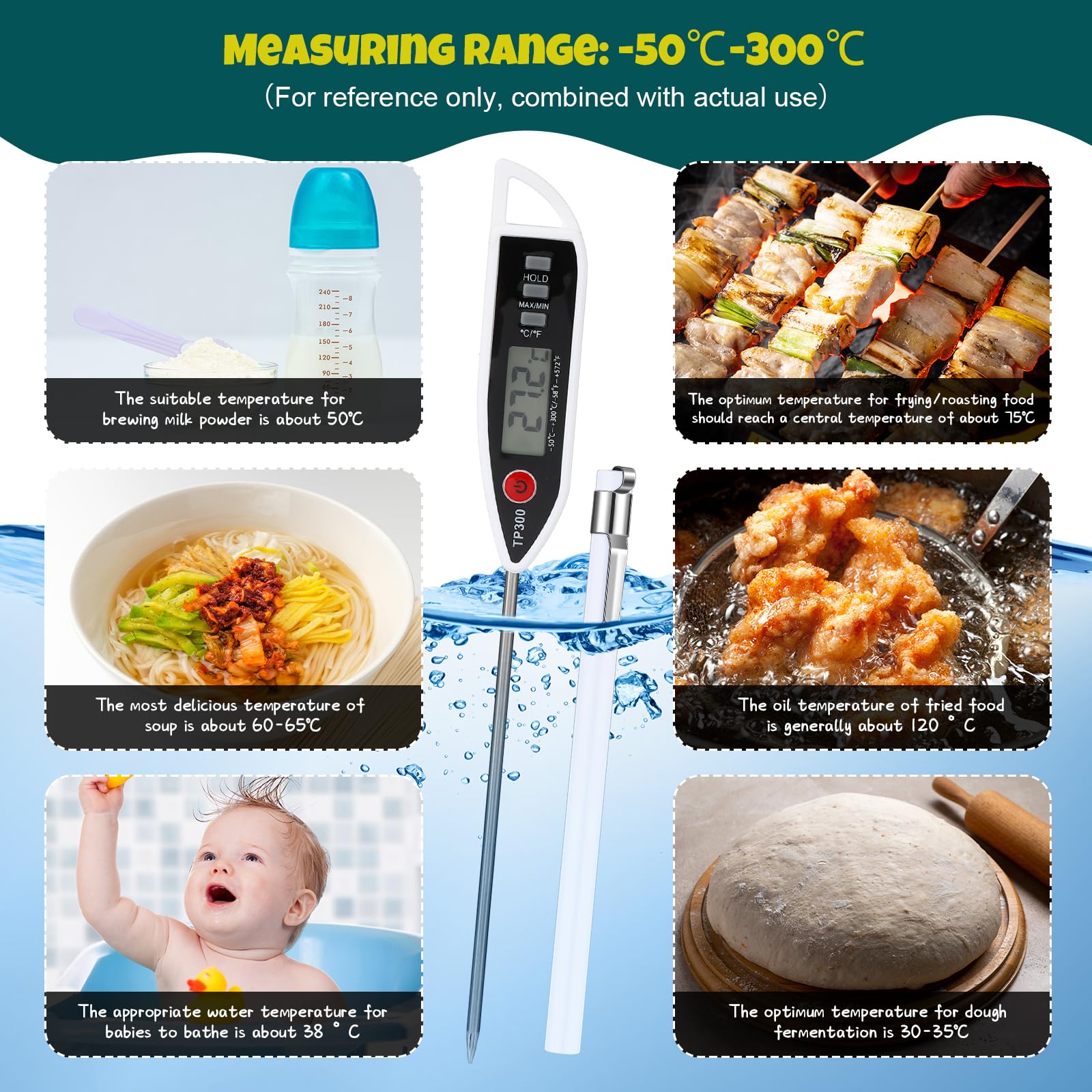 Copkim Lot de 6 thermomètres alimentaires étanches pour eau, liquide, bougie et cuisson - Thermomètre numérique à viande avec longue sonde - Thermomètre à lecture instantanée pour cuisine, barbecue,