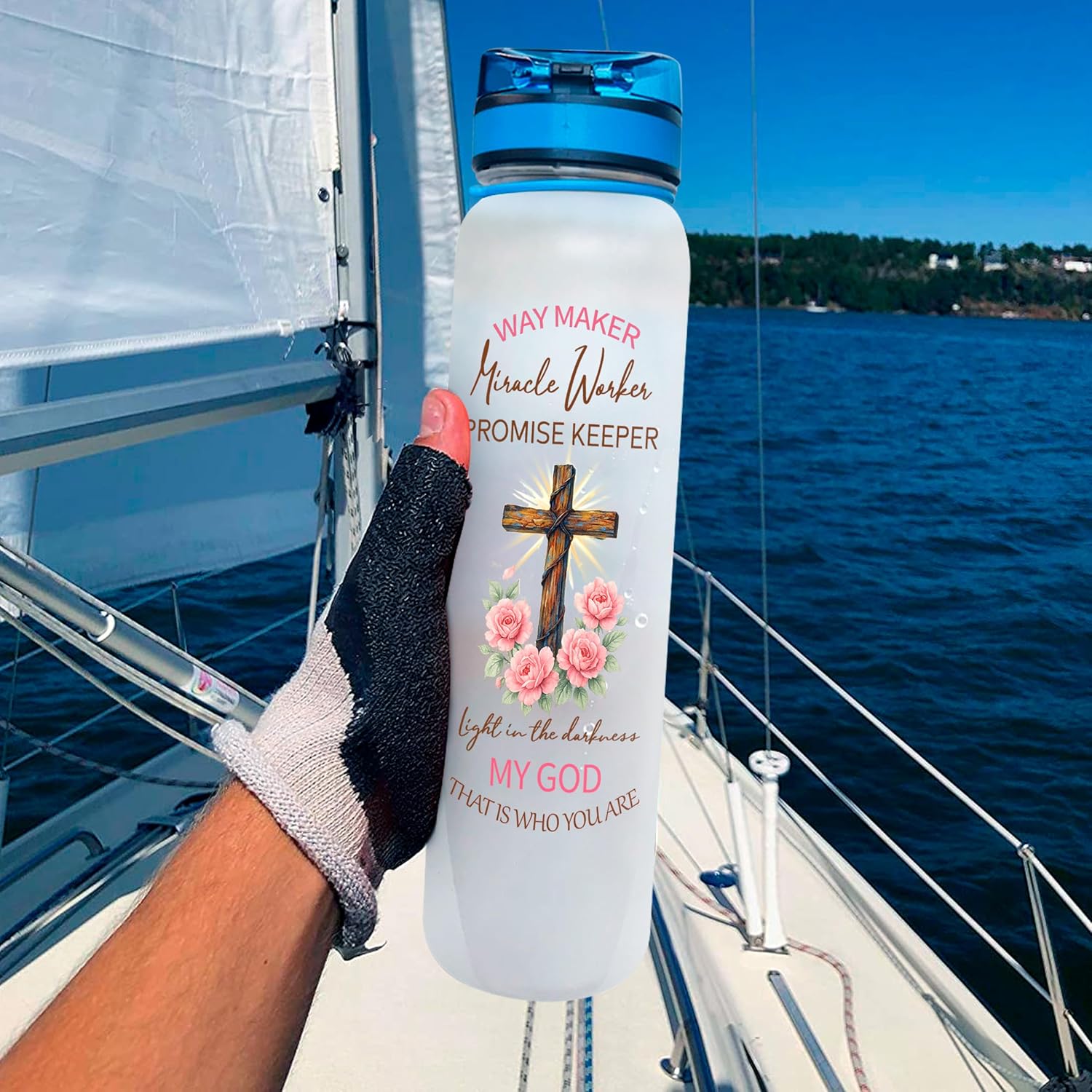 32oz 1liter Christian Faith Way Maker Miracle Worker Promise Keeper, Inspirational Motivational Water Tracker Bottle with Times Marker & Removable Strainer, Water Bottle with Times to Drink