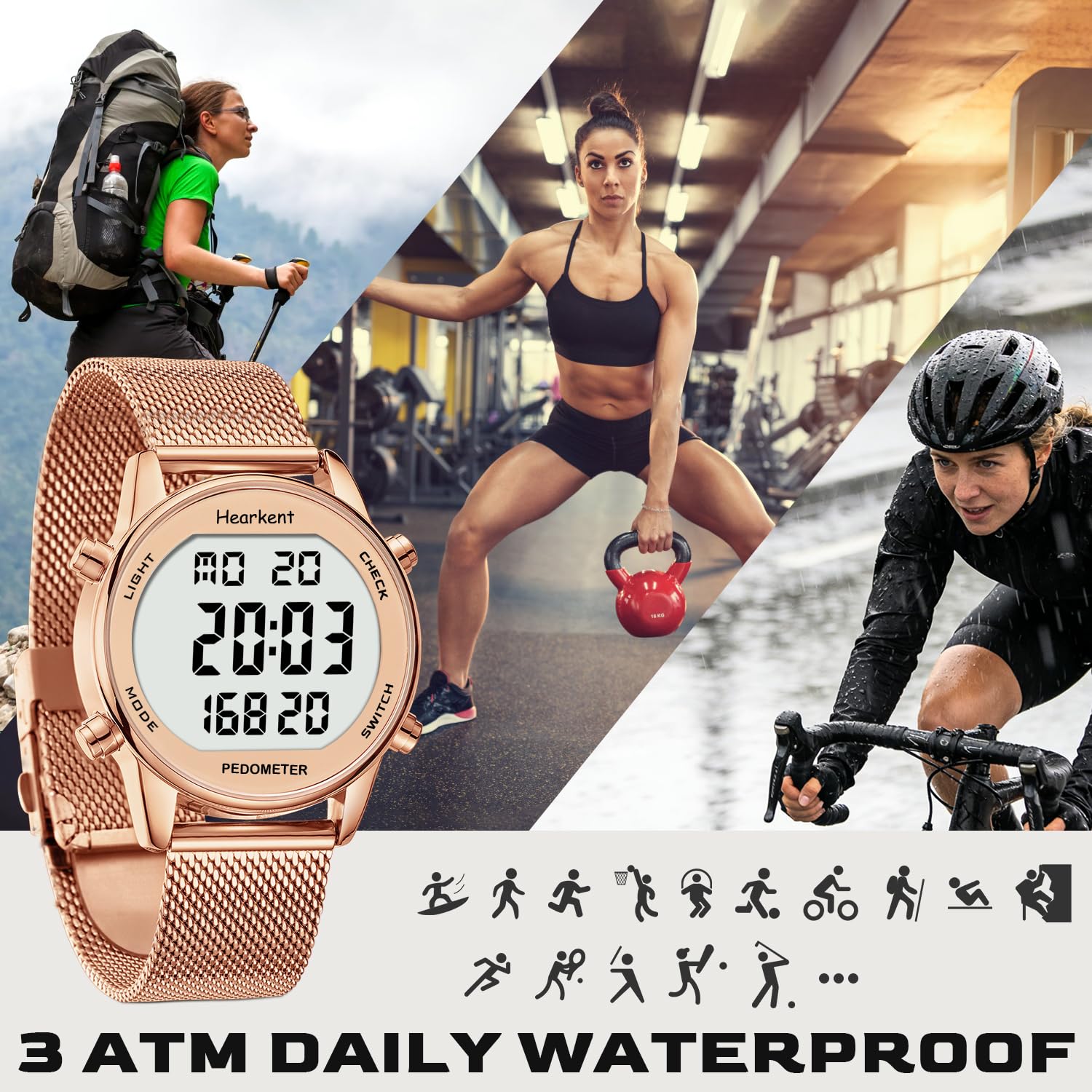 Hearkent Montre podomètre pour femme, avec compteur de calories, non Bluetooth, étanche à 30 m, grand écran LCD pour la marche et les activités quotidiennes