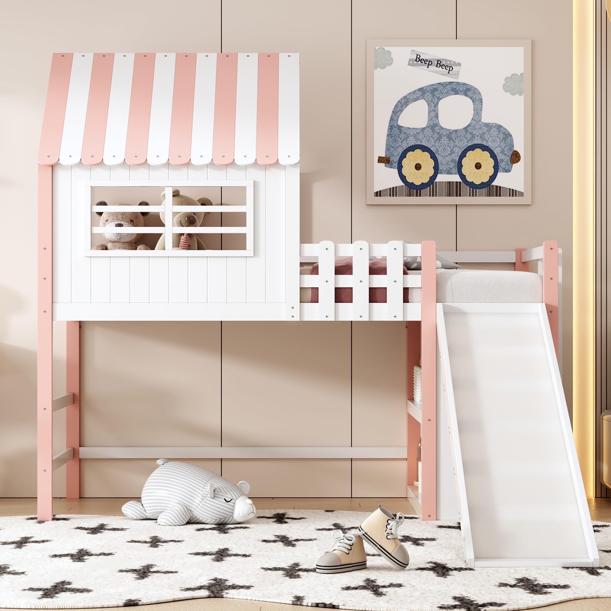 Dolamaní Kinderbett Etagenbett 90x200 cm mit Stauraum Regal und Rutsche, Hochbett mit Rausfallschutz, Holzbett mit Lattenrost, Hausbett mit Dach eines Hauses ohne Matratze (Rosa)