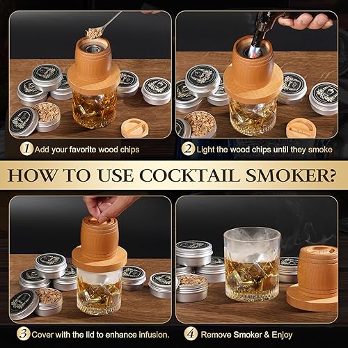 Miniatura 8 de G GOOD GAIN Kit de ahumador de whisky con antorcha, kit de ahumador de cóctel antiguo con chips de madera de 6 sabores, juego de infusor de bebida