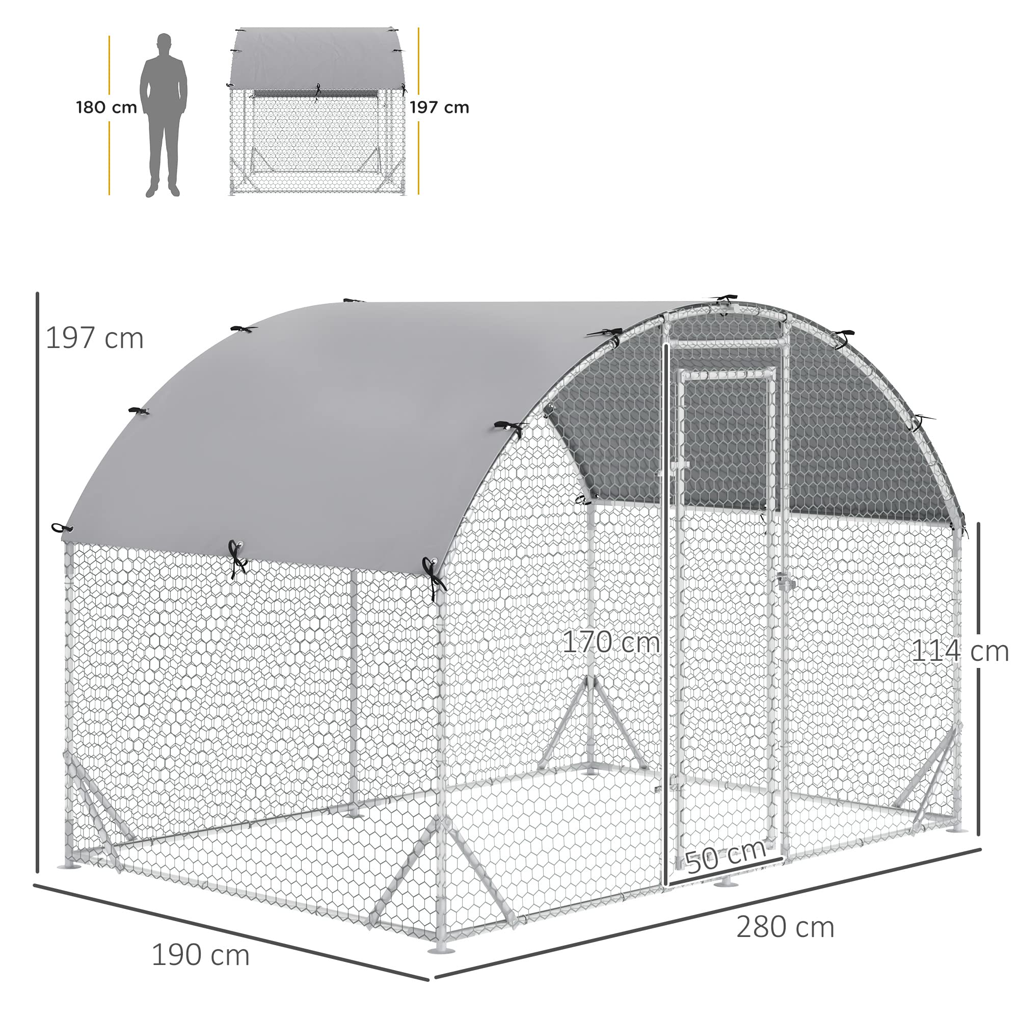 PawHut Pollaio per Galline da Esterno, 2.8x1.9x2m 5.3 m² Recinto Galline in Acciaio Zincato con Tetto Impermeabile Anti-UV e Serratura, Gabbia per 4-6 Polli, Piccoli Animali, Conigli e Anatre