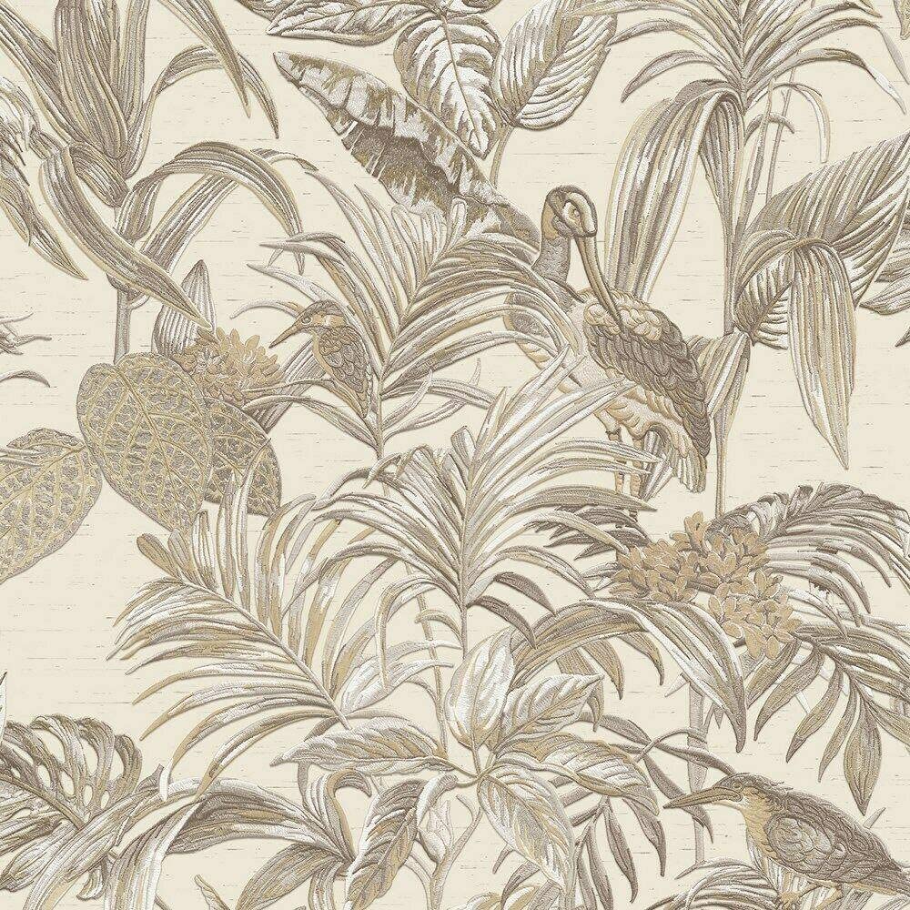 Sample Cream Beige Tropical Wallpaper Birds Palm Textured Paste The Wall Vinyl