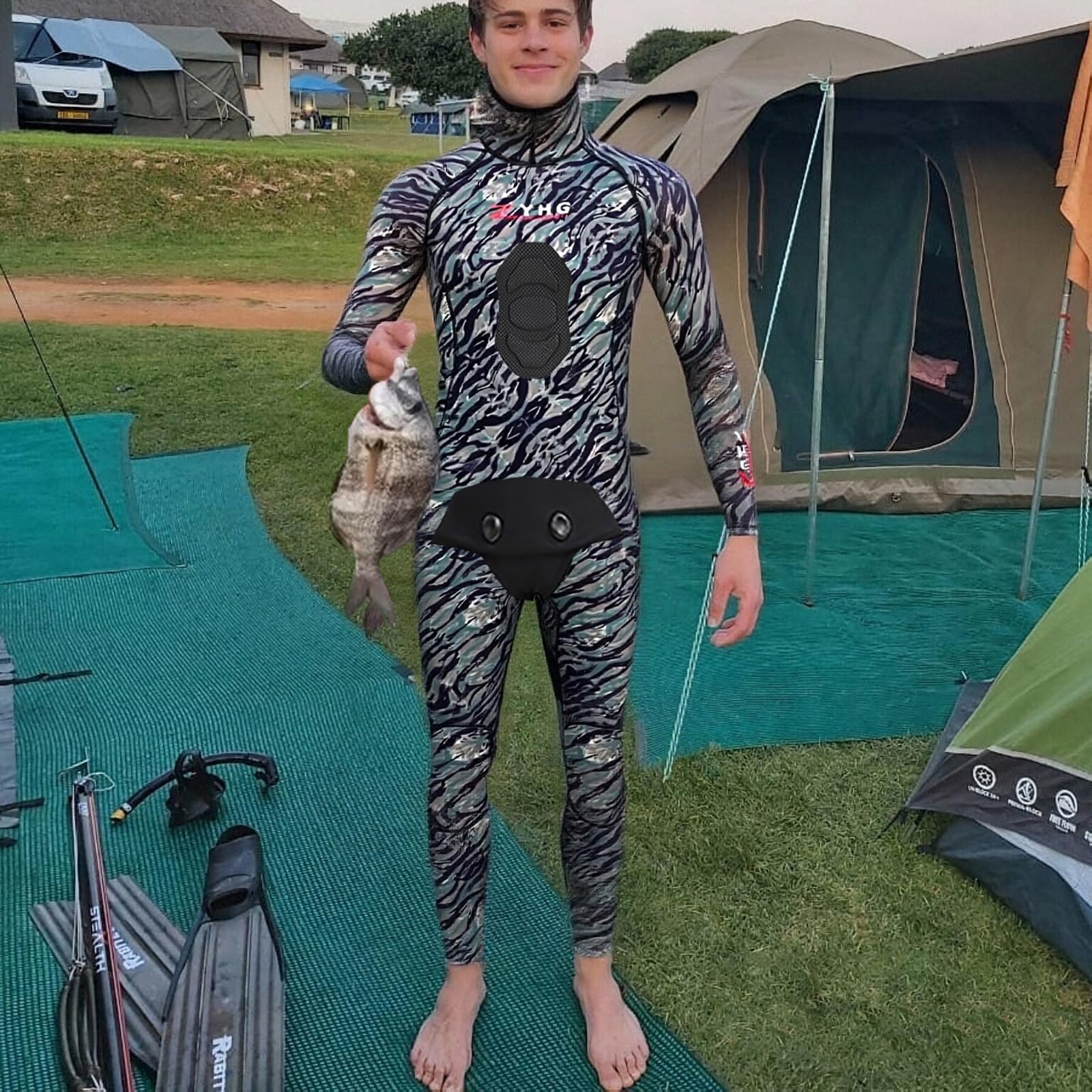 Muta da Pesca Subacquea 3.5mm/5mm in Neoprene con Cappuccio, 2 Pezzi a Cella Chiusa Camouflage con Rinforzo Torace per Apnea e Immersioni in Acque Fredde