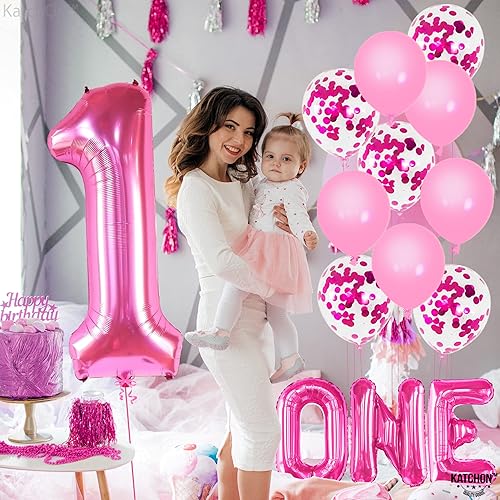 Miniatura 6 de KatchOn, Globos rosa intenso con el número 1 para el primer cumpleaños, 40 pulgadas, paquete de 12, globos rosa con el número 1, decoraciones de