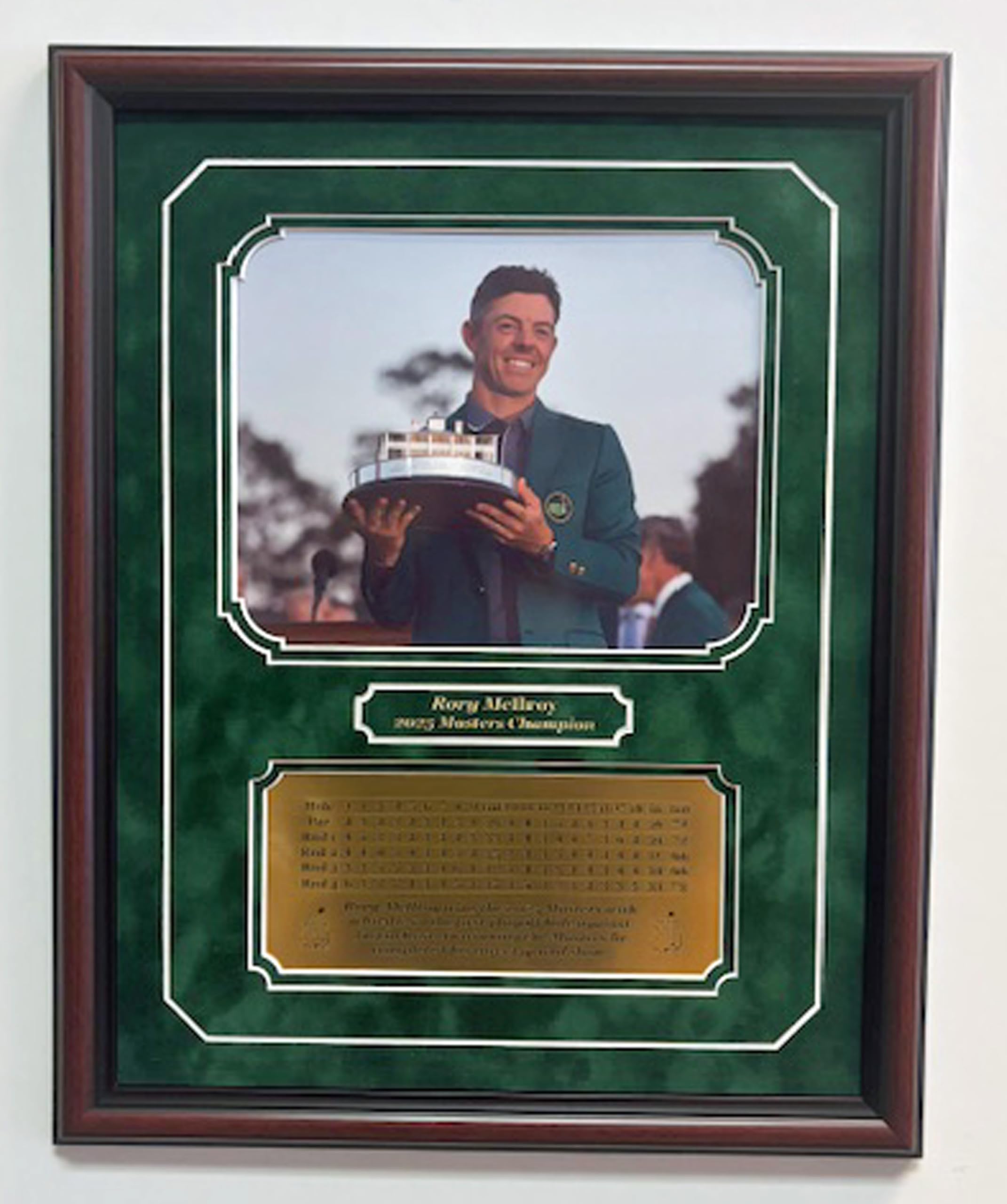 Rory McIlroy 2025 Masters Champion 8x10 Photo Professionally framed and double matted with an engraved 4 day scorecard nameplate (Mahogany)