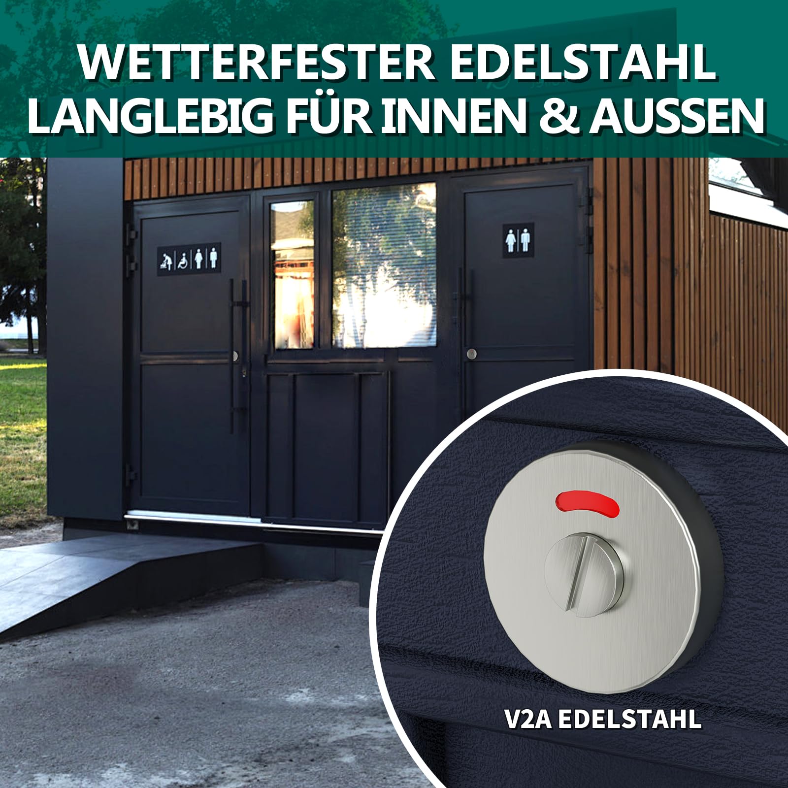 WC Rosette mit Belegtanzeige 2 Set, Badezimmer Türschloss Drehriegel V2A Edelstahl mit Rot/Grün-Anzeige, Vierkant 8x8x60 mm für Türstärke 38-40 mm – Buntbartschloss Ersatz für Bad/WC