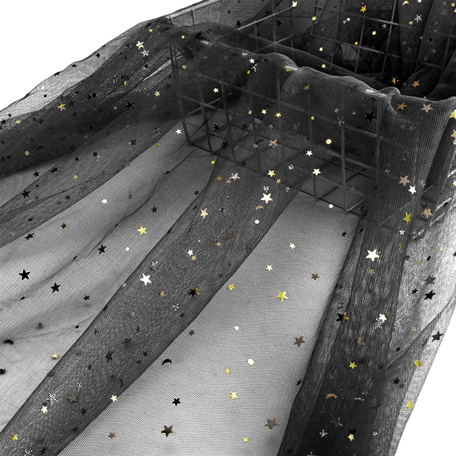 Black Glitter Tulle Fabric Rolls, 59" x 3 Yard Gold Star Sequin Tulle Bolt Netting Fabric for Tutu Skirts Sewing DIY Wedding Stage Decor