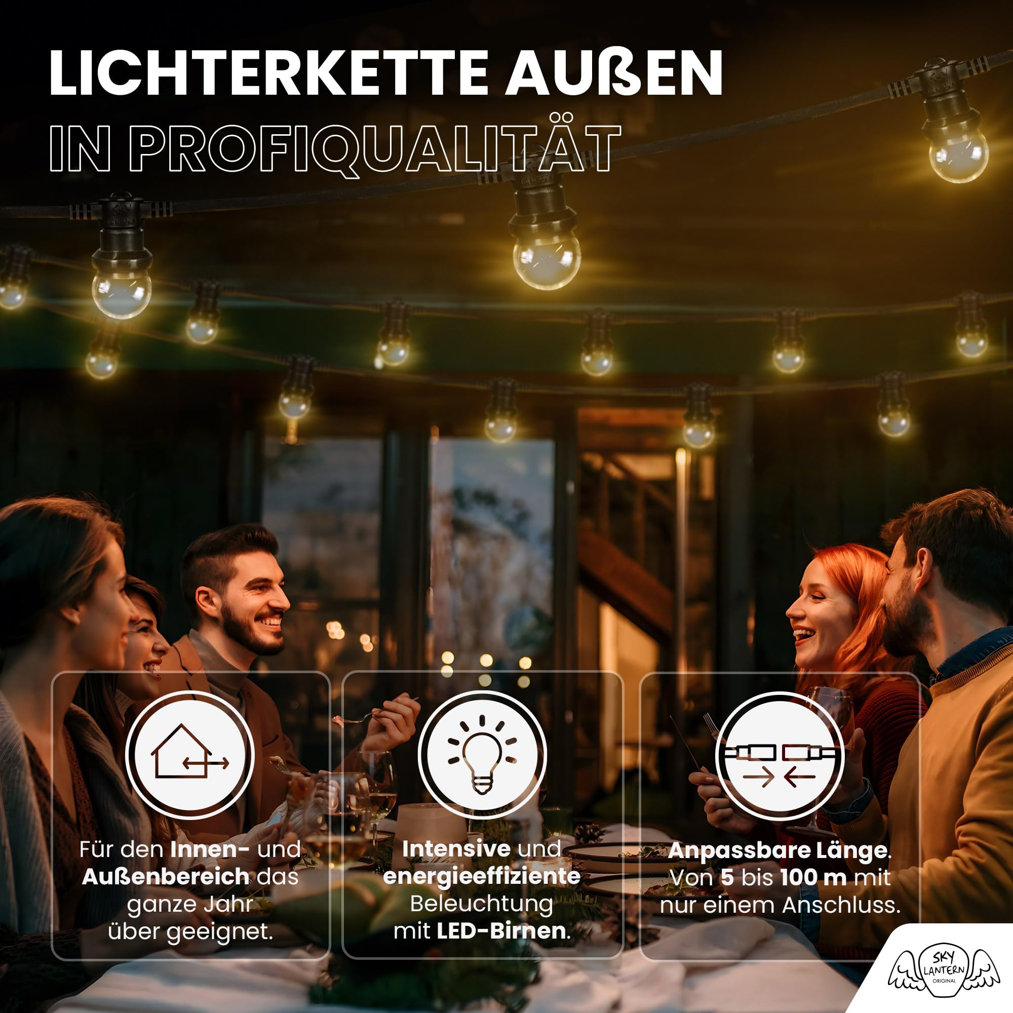 SKYLANTERN® Partylichterkette 20m Außen Warmweiß dimmbar – IP65 wasserdicht & erweiterbar – Profi-Qualität LED Lichterkette mit 40 E27 Glühbirnen (50 cm Abstand) – für Garten, Terrasse & Hochzeit