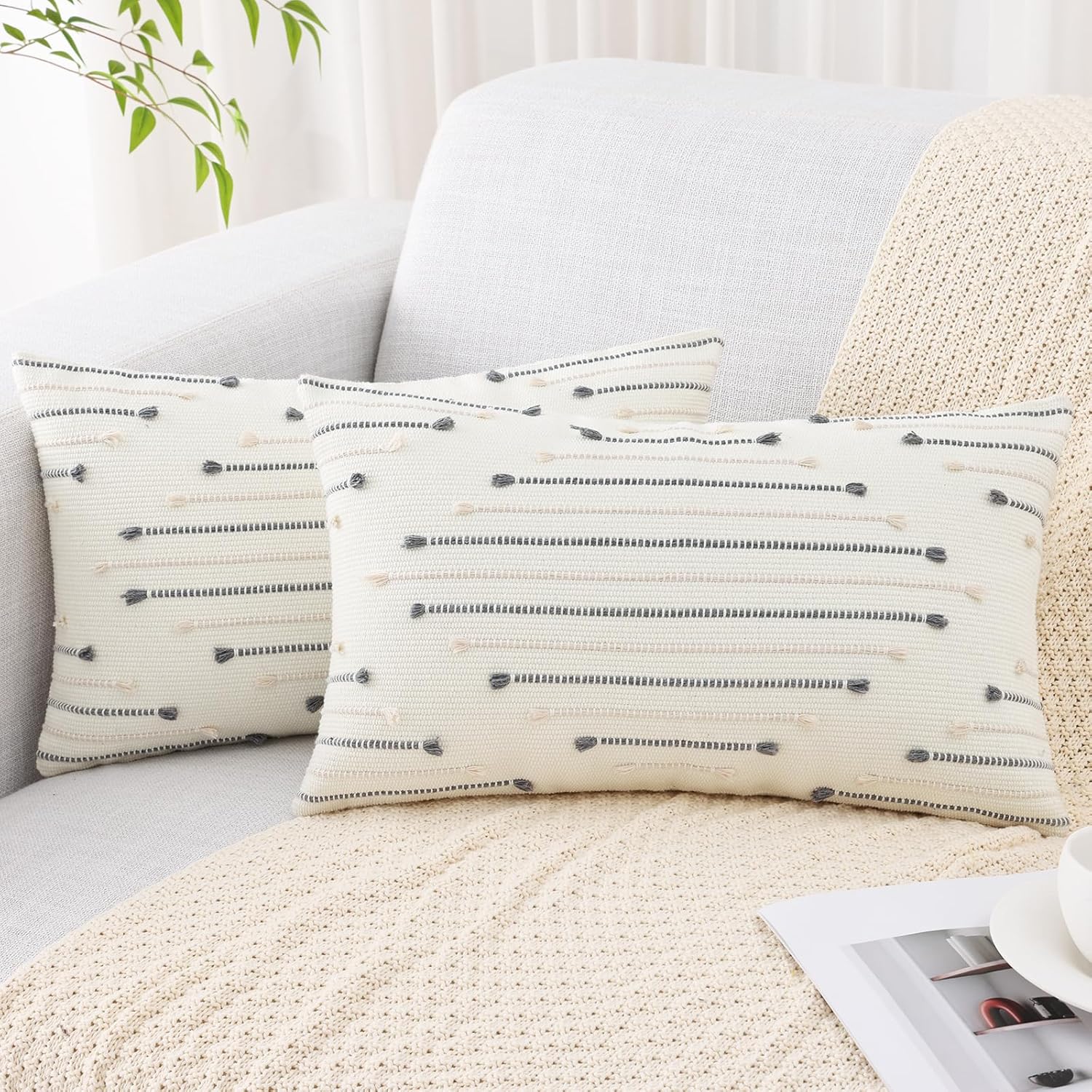 Mecatny Boho Outdoor Throw Pillow Covers 12X20 Set of 2, Farmhouse Lumbar Pillow Covers for Couch Sofa Living Room, Beige & Grey