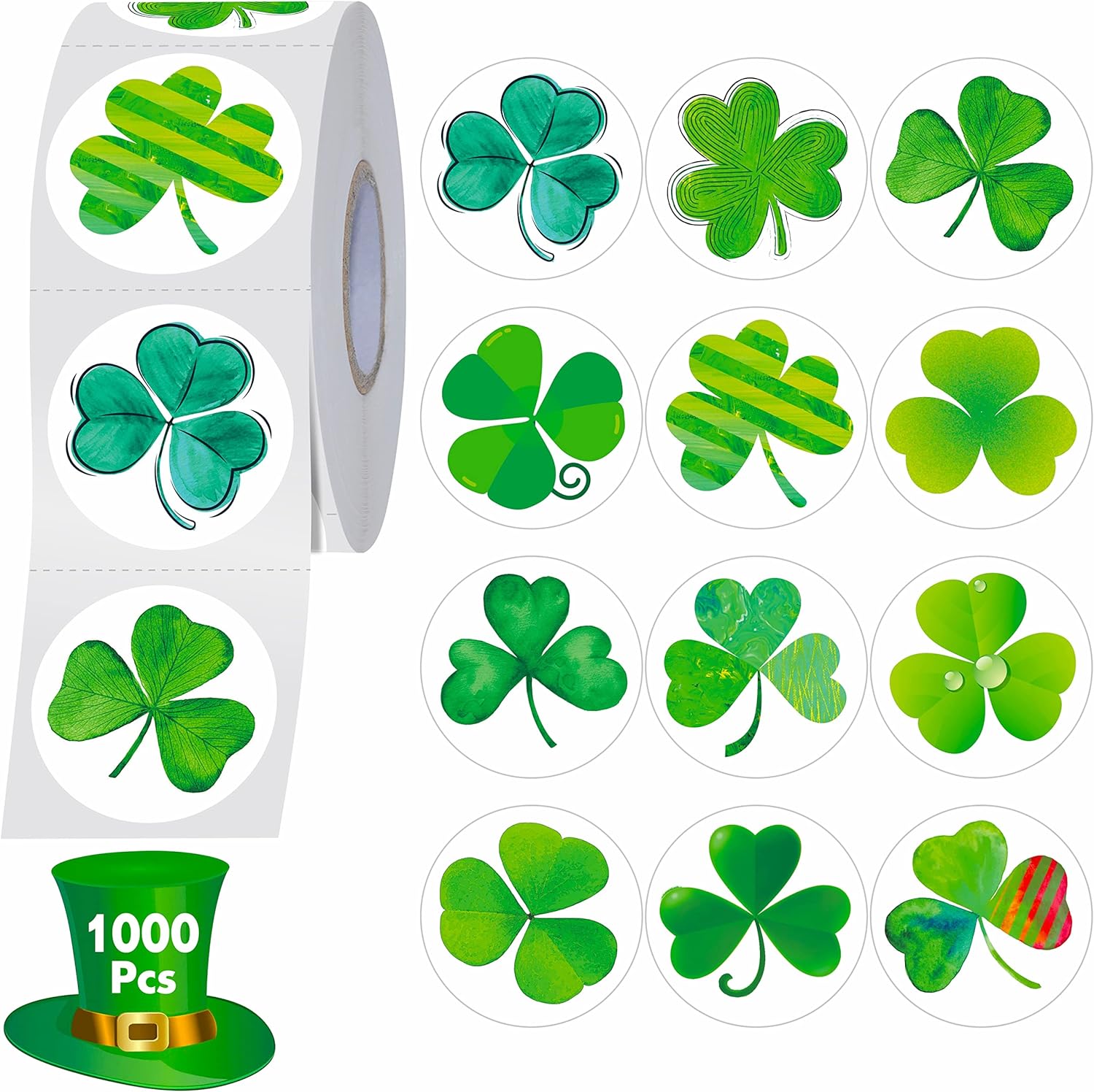 1000 PCS Clover Stickers, 12 Designs Shamrock Round