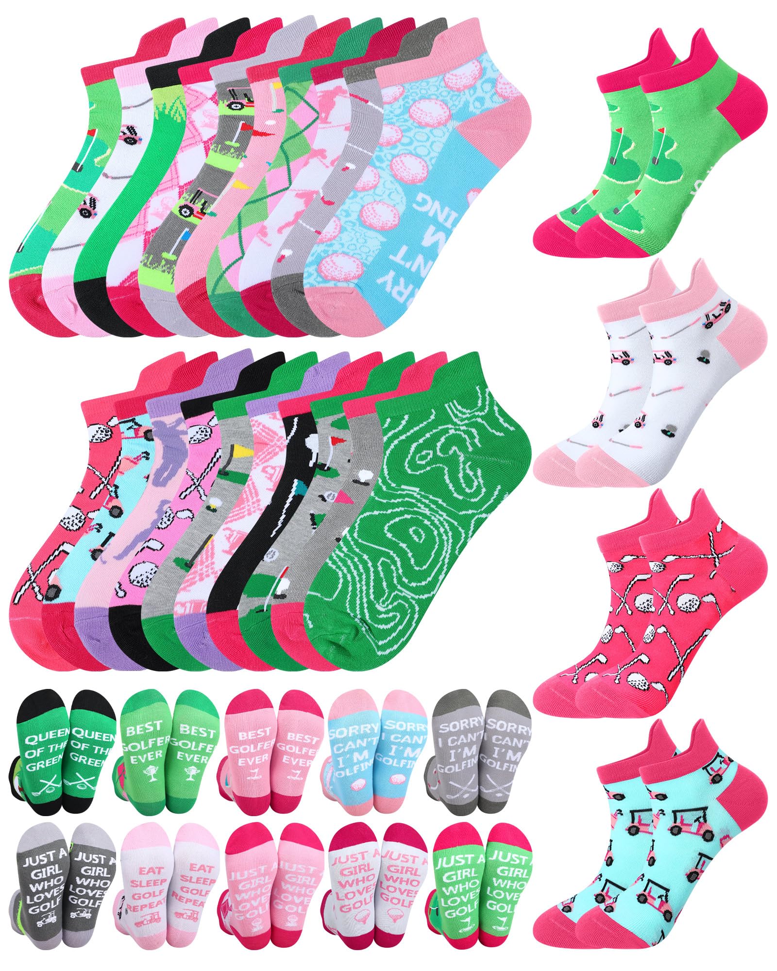 Lot de 40 paires de chaussettes de golf fantaisie pour femme - Cadeau de Noël - Coupe basse - Pour golfeuses, cadeaux d'anniversaire et de vacances, Couleurs vives., taille unique