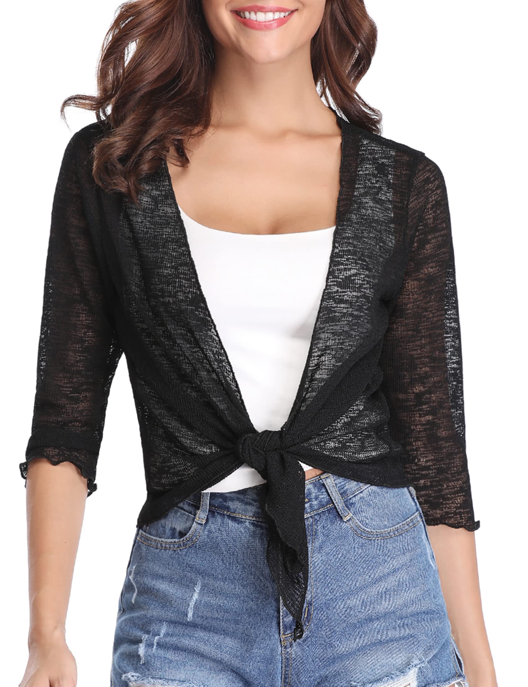 Gyabnw Cárdigan Mujer Bolero 3/4 Mangas Cárdigan Acanalado Verano Luz Elegante Chaqueta Corta Bolero Chaqueta Abierta Frente Cárdigan Ligero Transparente