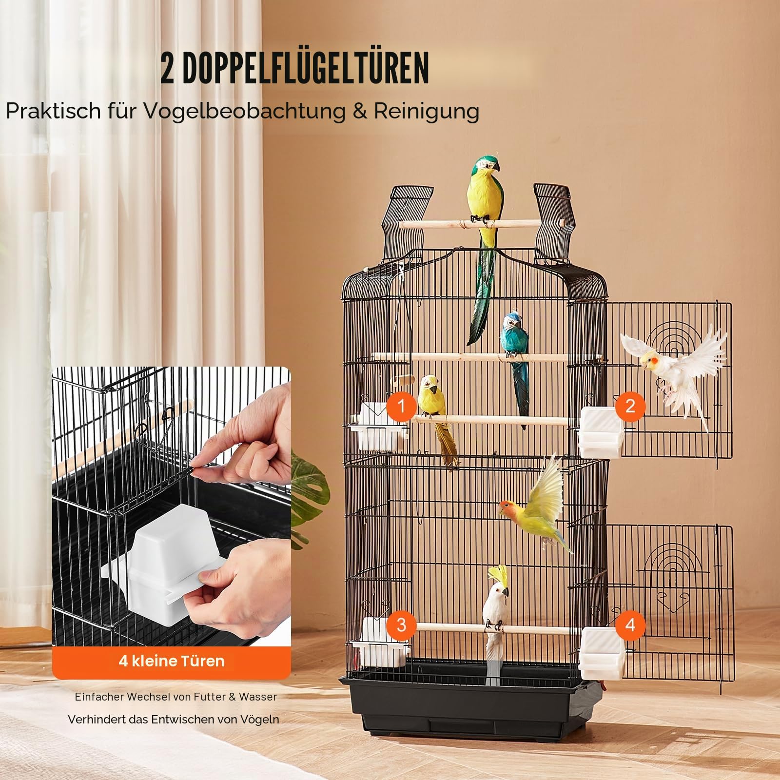 VEVOR Vogelkäfig, 457 x 355 x 925 mm, Vogelhaus für Sittiche, Finken, Kanarienvögel, Unzertrennliche, Nymphensittiche, Wellensittiche, kleine Mönchssittiche, Metallkäfig mit Schaukel & Sitzstange