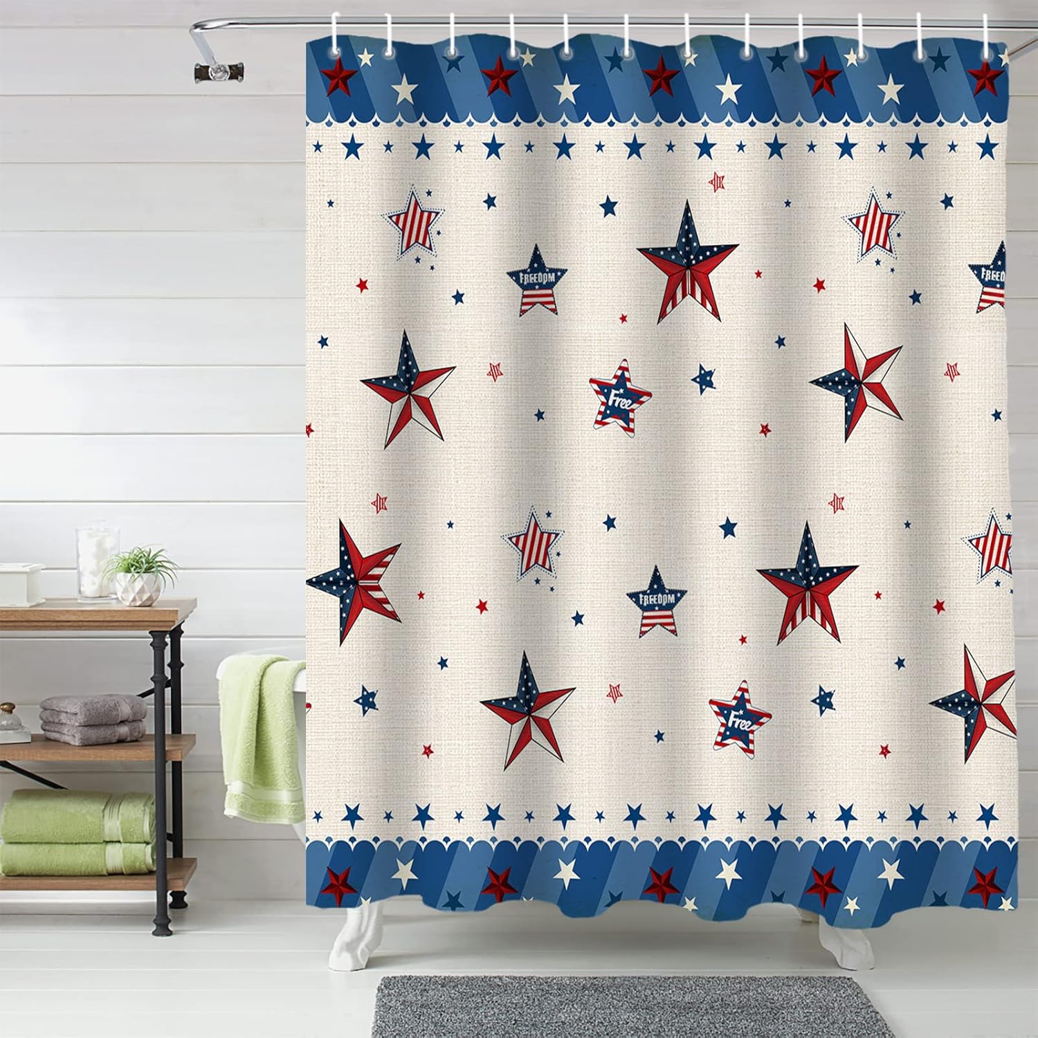4th of July Shower Curtain for Bathroom with Hooks 60x72 Inches Polyester Fabric Shower Curtain Sets Washable Bath Curtains Decor Patriotic Memorial Independence Day Blue/Star