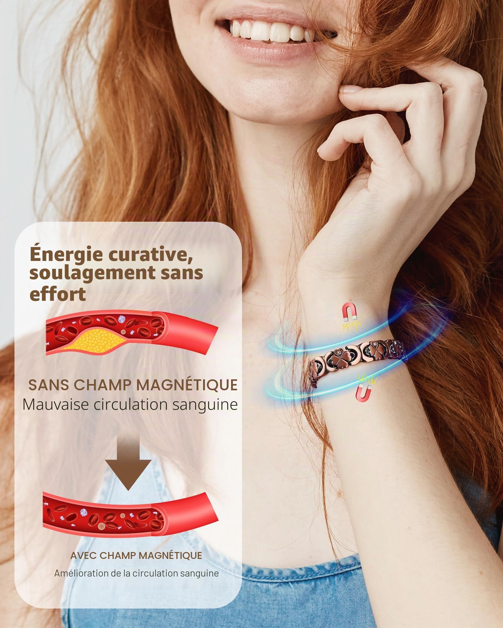 Jeracol Bracelet en cuivre pur pour femme, bracelet magnétique ultra résistant avec aimants en néodyme et oxyde de zirconium étincelant, réglable, bijou trèfle porte-bonheur