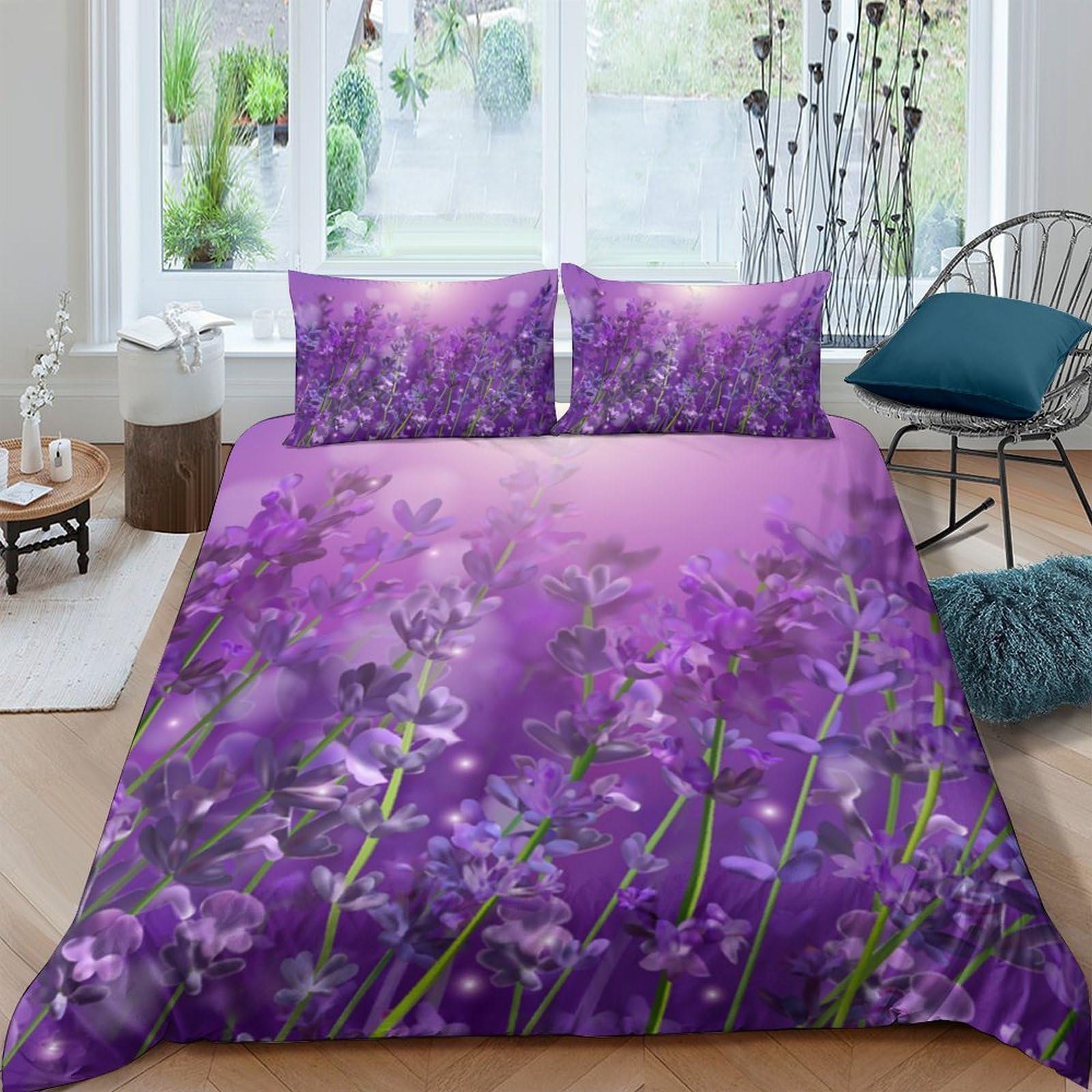 Ctjqhvkz Style-3 3D Printed Lavender Meadow Fitted Sheet Microfiber Anti-Slip Floral Bed Cover For Bedroom Guest Room Easy Care Single（135X200cm）