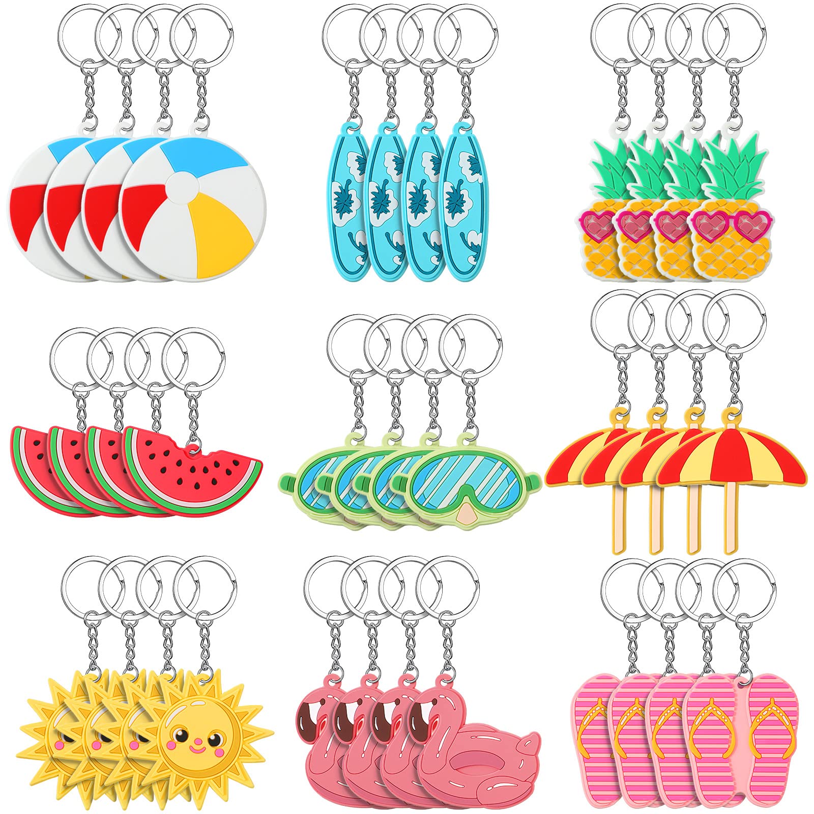 36 Pieces Pool Party Keychains Beach Party Favors Flamingo Pineapple Hawaiian Surfboard Keychains for Kids Summer Theme Luau Tropical Hawaiian Pineapple Party Supplies, 9 Styles