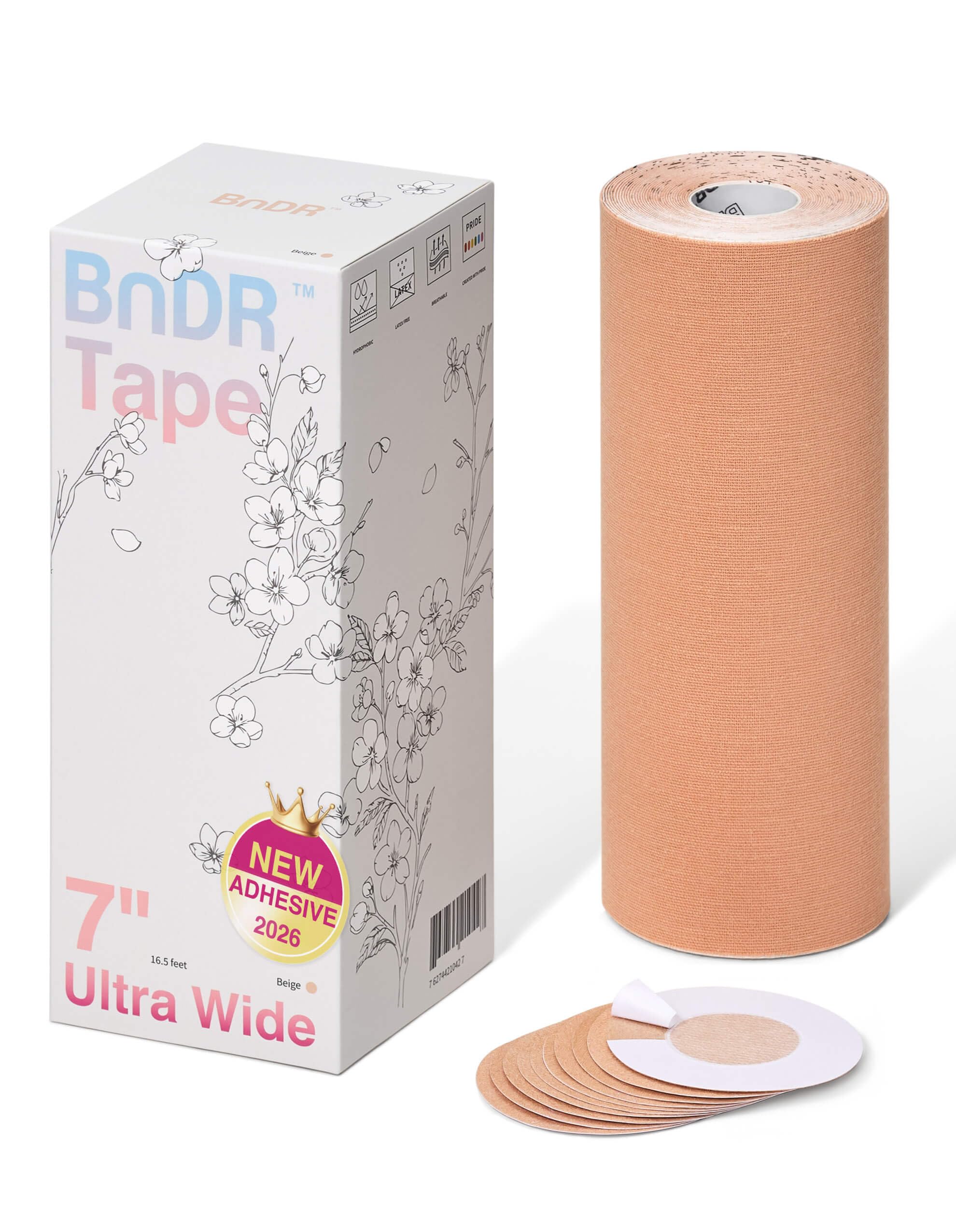 BnDR Tape with Nipple Covers, Extra Wide Chest Binding Tape for FTM Transgender, 7in x 16.5 feet (Beige)