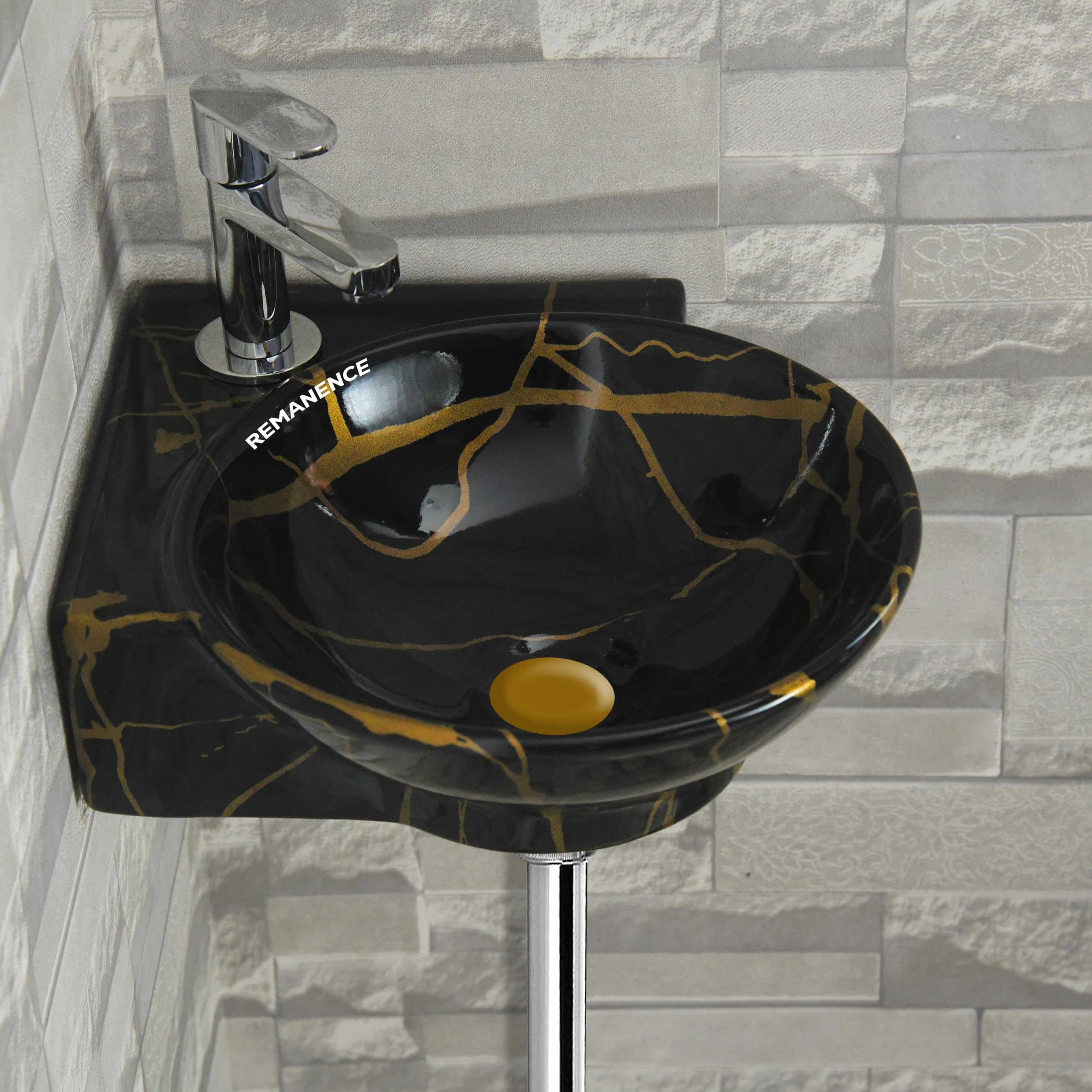 REMANENCE Wall Mounted Wash Basin for Bathroom | Ceramic Wash Basin Wall Hung Small Corner Wash Basin/Sink (16.3 x 13.8 x 4.3 Inch) (Black Gold Jelly)