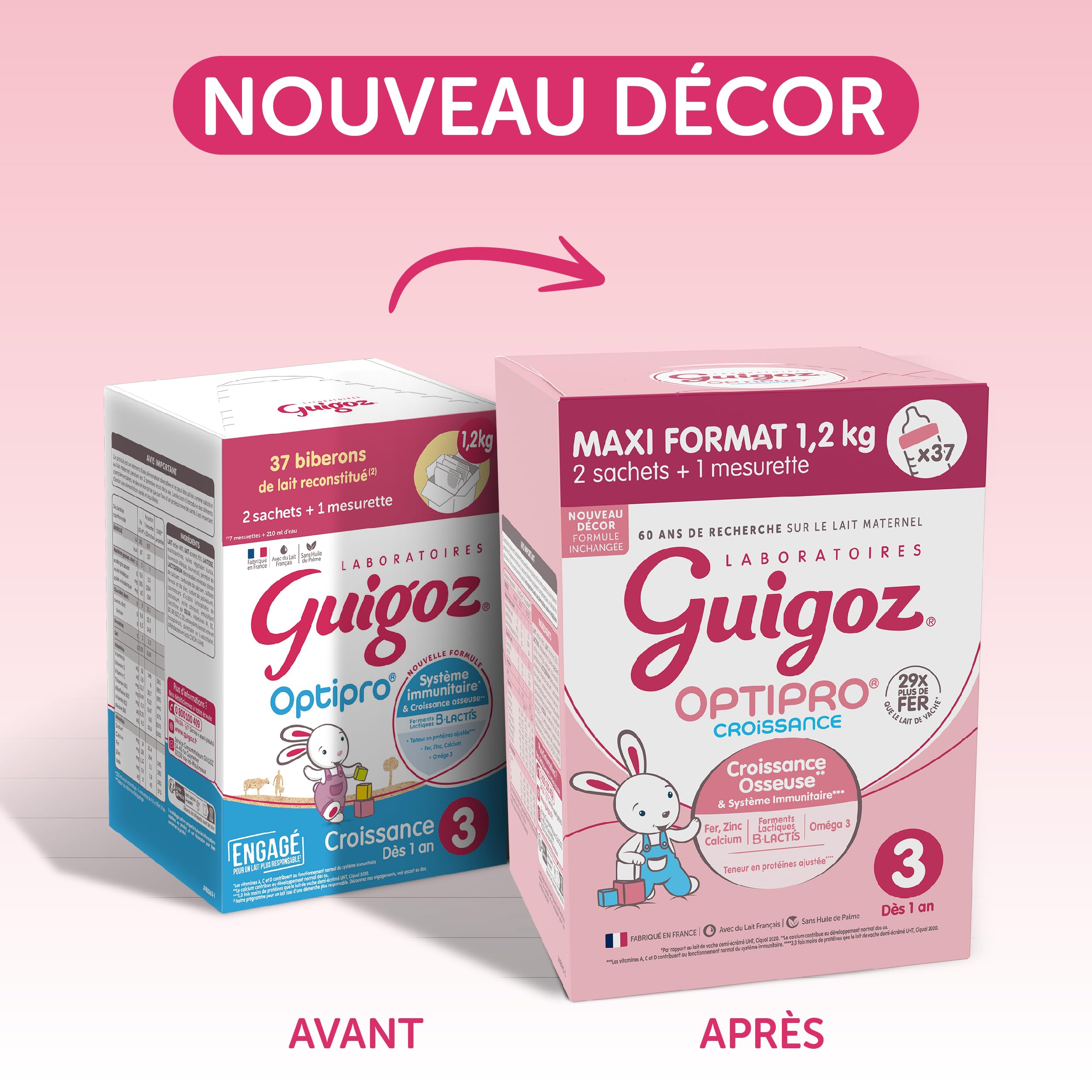 GUIGOZ CROISSANCE 3 OPTIPRO - DÈS 12 MOIS - Lait de croissance en poudre de 12 mois à 3 ans - BAG IN BOX (2 sachets de 600g)
