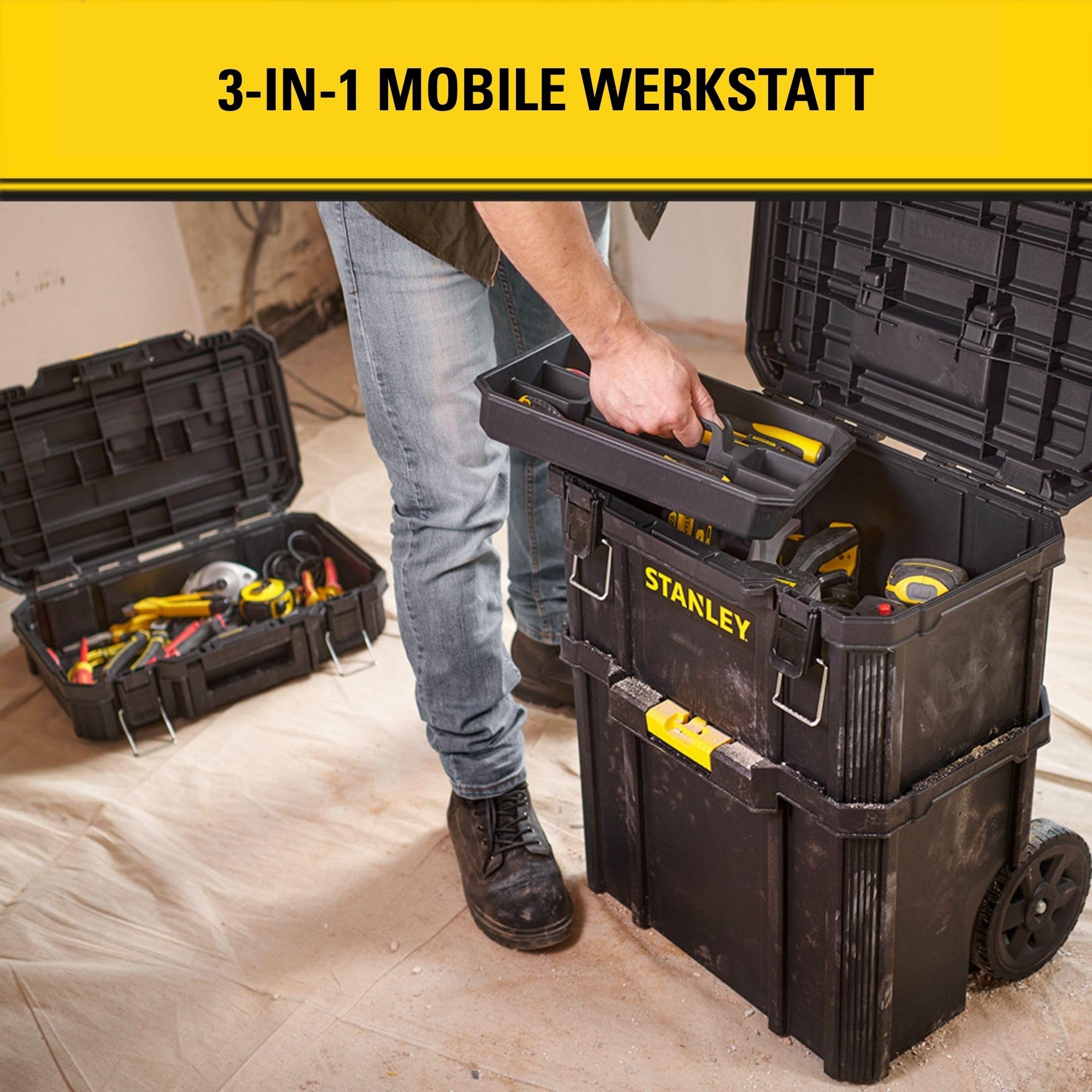 STANLEY Modulare rollende Aufbewahrungs-Werkzeugkiste, STST83319-1 | 3-in-1 tragbare Werkstatt, Schwerlast-Räder, Teleskopstiel, 45 kg Tragfähigkeit, 80 L Volumen