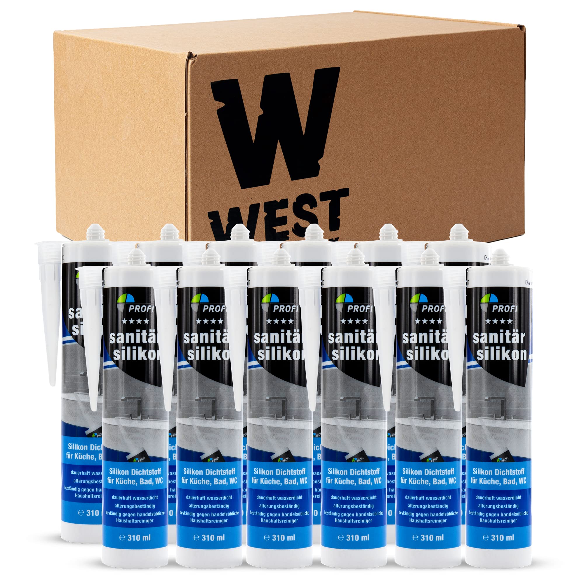 Set aus 12x Profi Sanitär Silikon 310ml, Sanitärsilikon transparent, Dichtstoff wasserdicht, ideal für Sanitärbereich, Küche, Bad, WC, Glas, Fliesen, Keramik