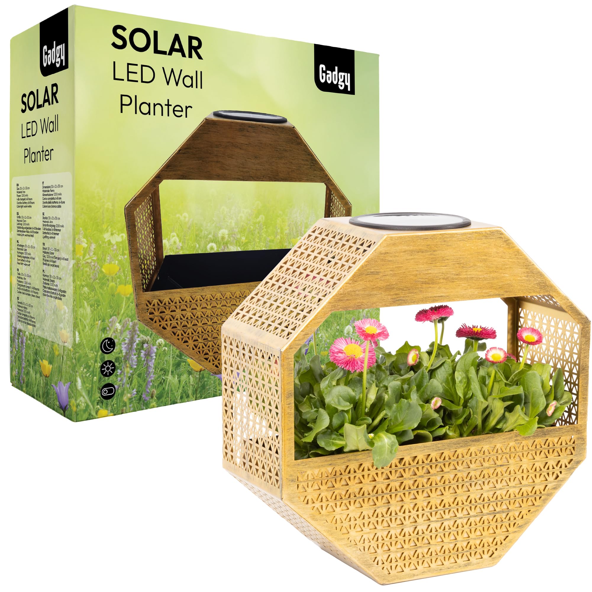 Gadgy Lampada solare da parete con vaso da fiori – Fioriera illuminata per balcone e terrazza – Illuminazione giardino resistente