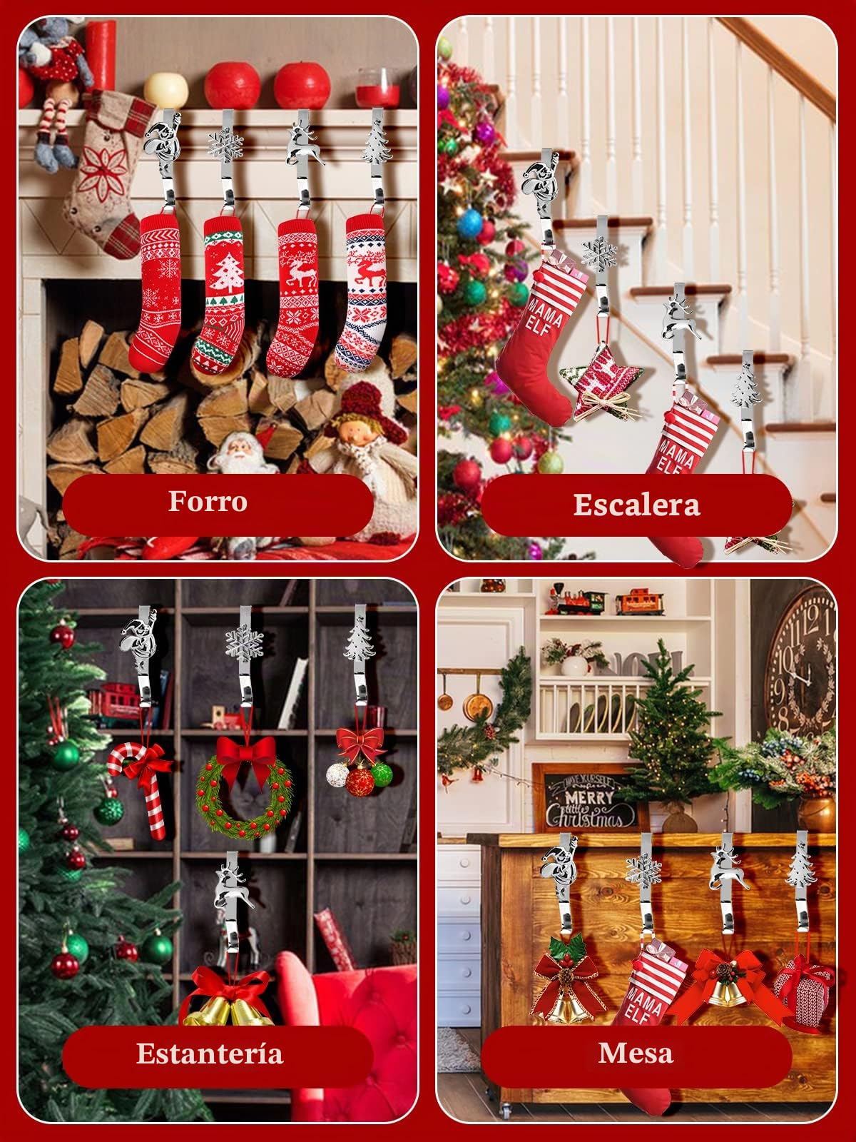 4 Piezas Colgadores de Calcetín de Navidad para Chimenea, Kalolary 4 Estilos Soportes Calcetín Navidad para Manto Ganchos Calcetín Resistentes y Antideslizantes para Decoración Navideña Hogar (Plata)