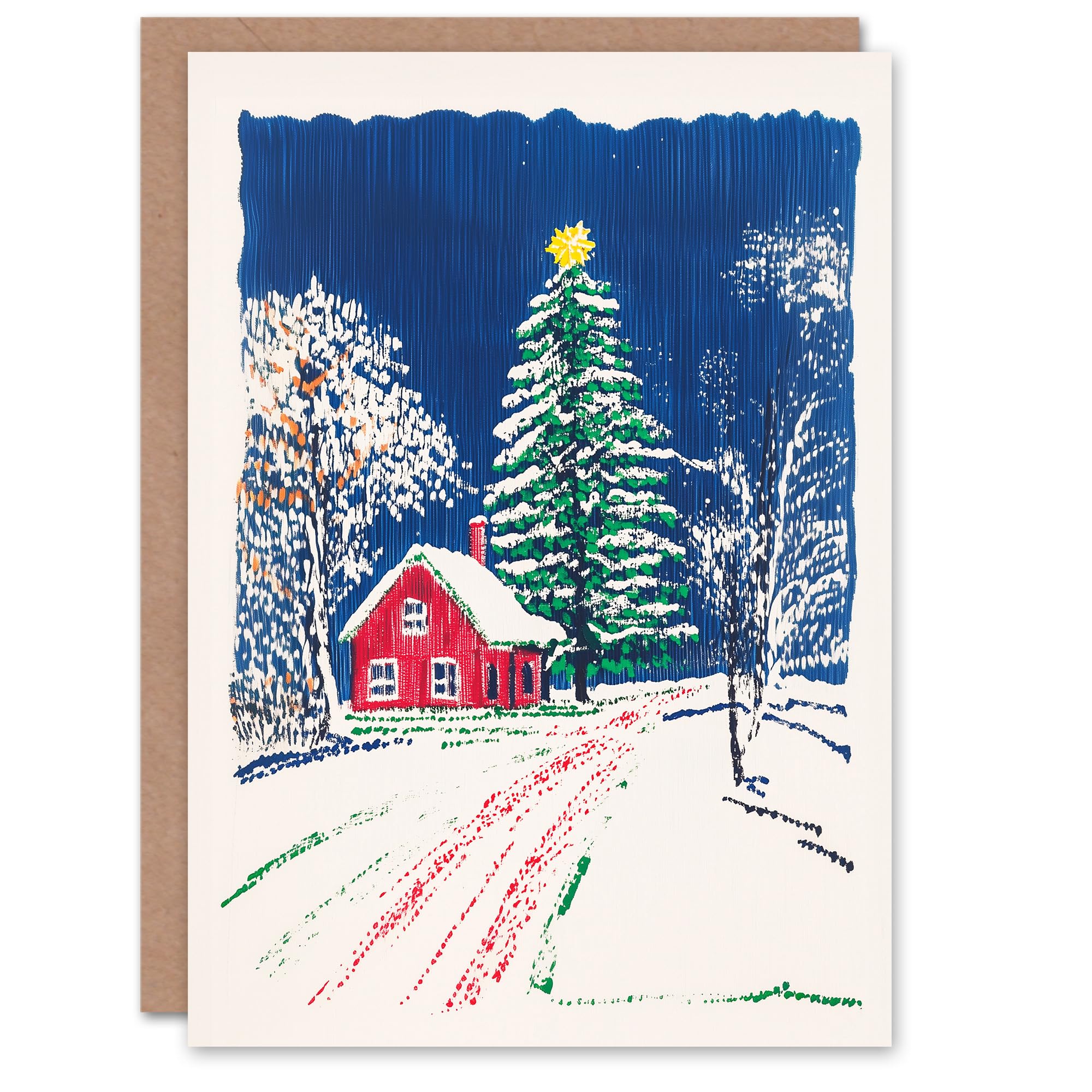 Artery8 Scandinavia Red Cottage Tree Winter Blank For Him Or Her Art Xmas Festive Christmas Card