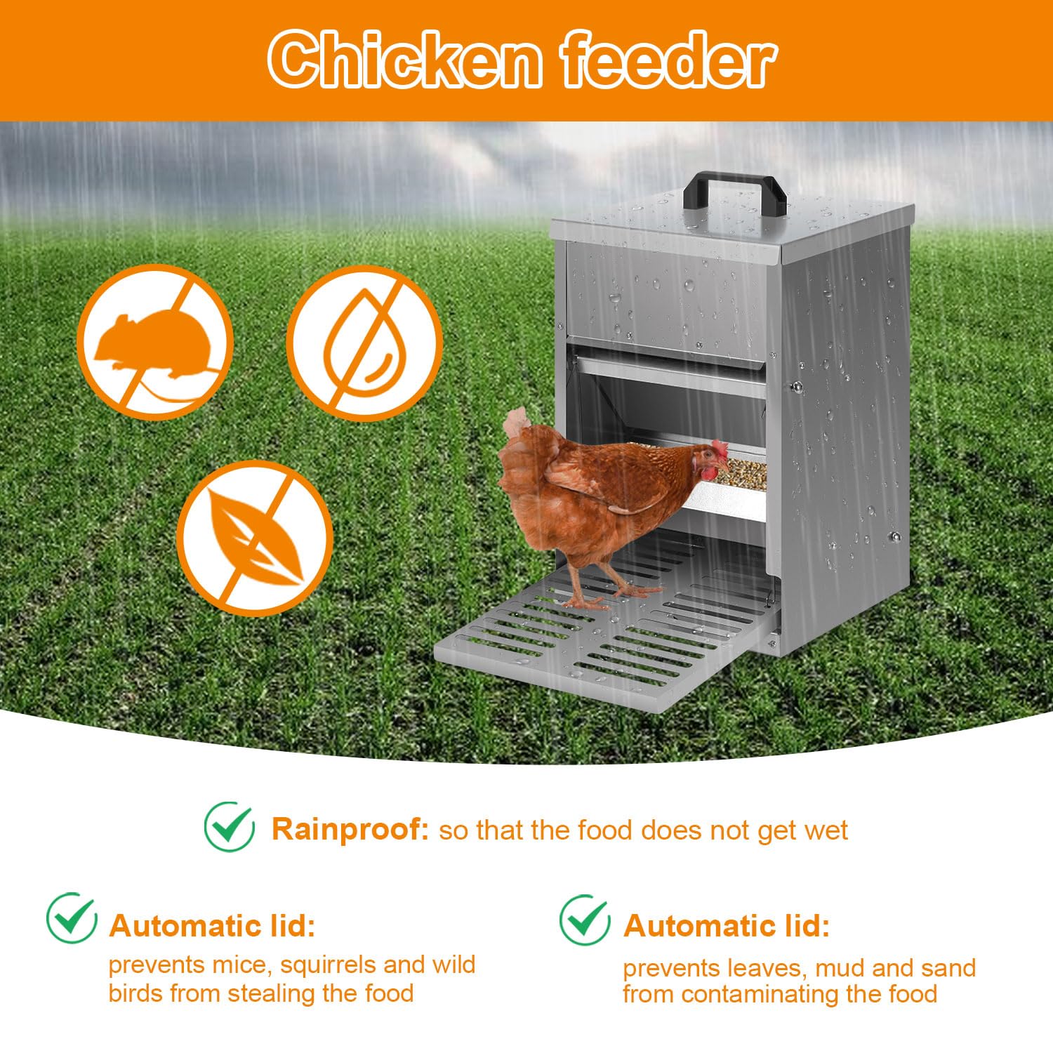 Futterautomat Hühner 5kg Feedomatic Automatischer Futtertrog mit Edelstahldeckel & Pedalzufuhr,2x Futterautomat Hühner Rattensicher Futterspender rutschfestem