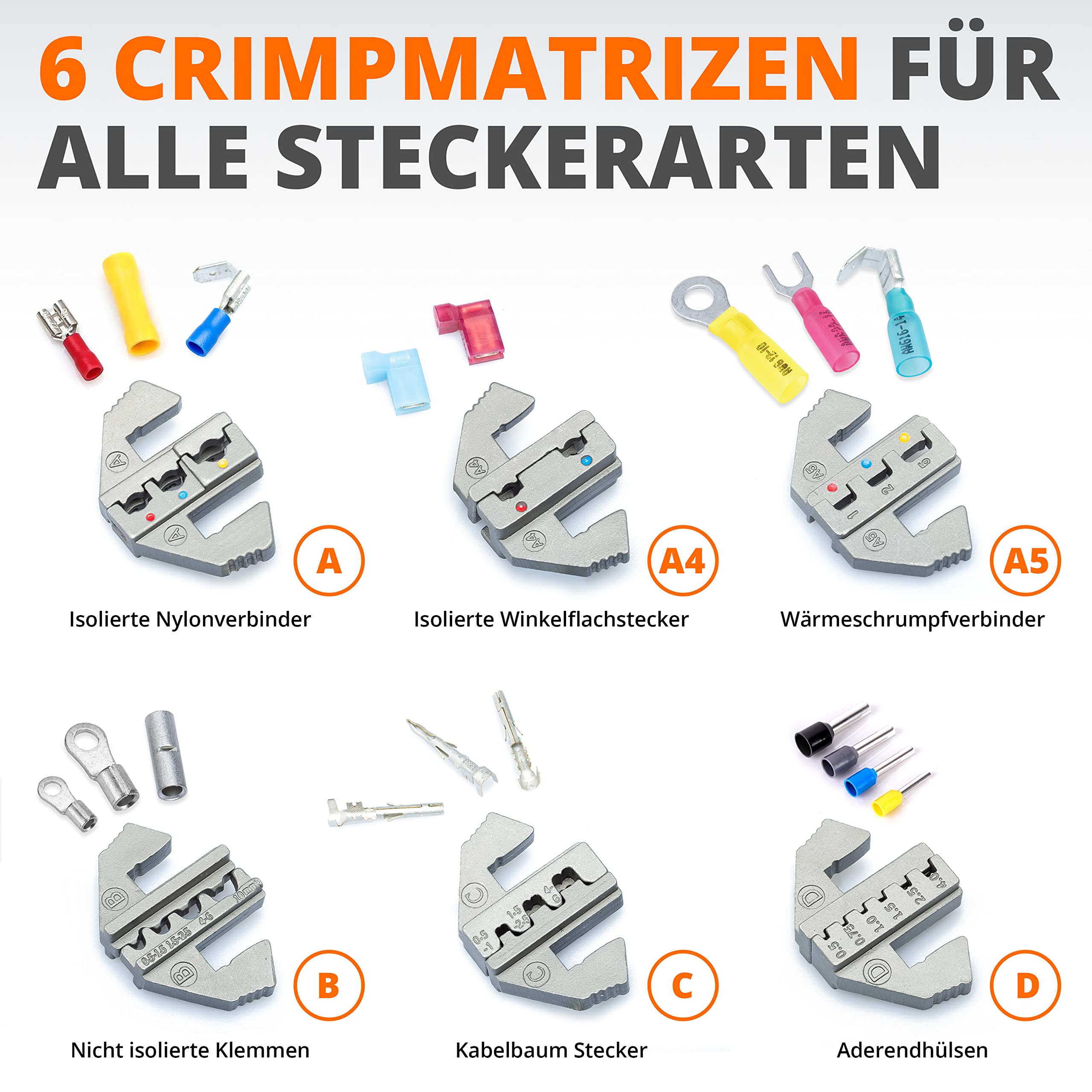 Wirefy 8-teiliges Crimpzange Set für isolierte & nicht isolierte Kabelschuhe, Schrumpfschläuche, Aderendhülsenisolierte Winkelflachstecker – Krimperzange, Aderendhülsenzange - mit Wechselbacken