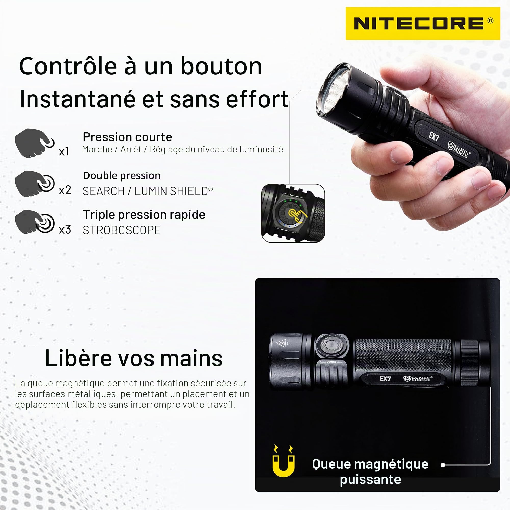 Lampe torche EX7-6000Lm - Lg : 130mm - Dia-tête : 35mm, Noir