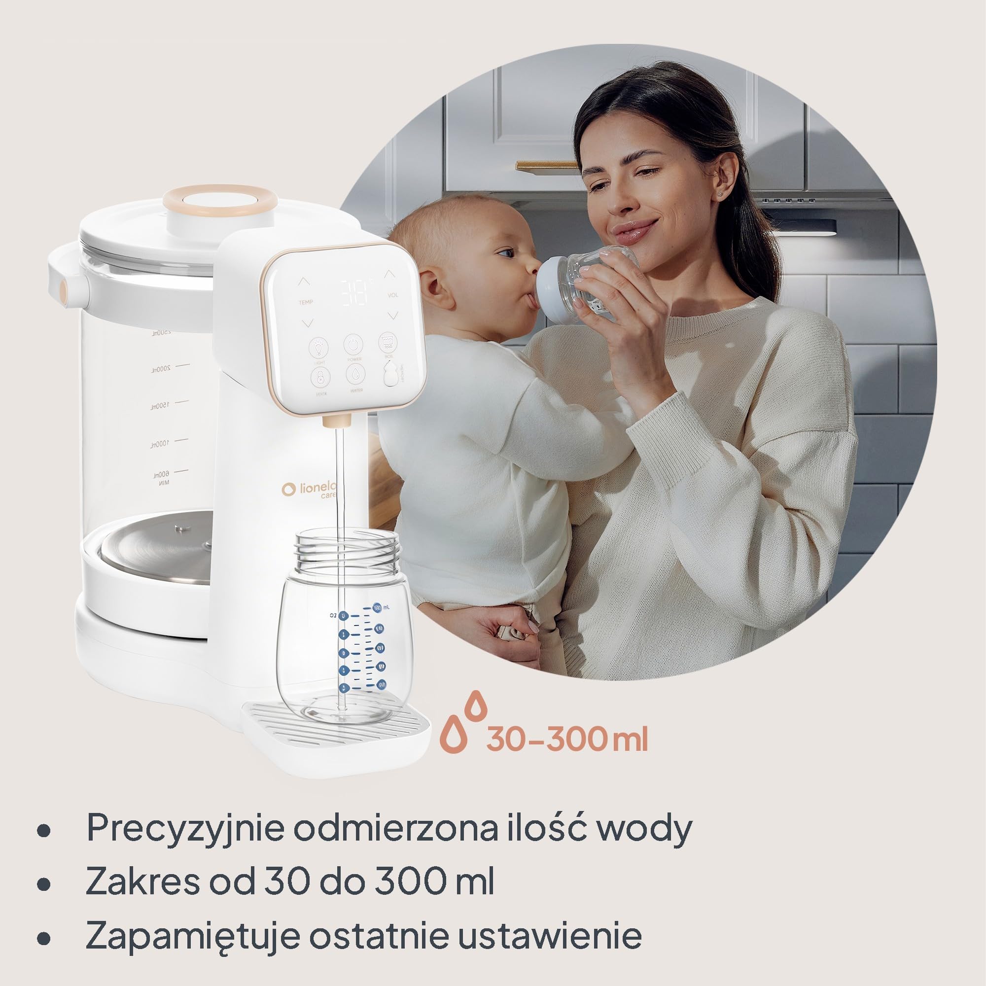 Lionelo Babypresto 2.0 urządzenie do przygotowywania butelek dla niemowląt i ogrzewacz do butelek dla niemowląt o temperaturze 40-100°C, higiena UV, dechlorowanie, dozowanie 30-300 ml, szklany