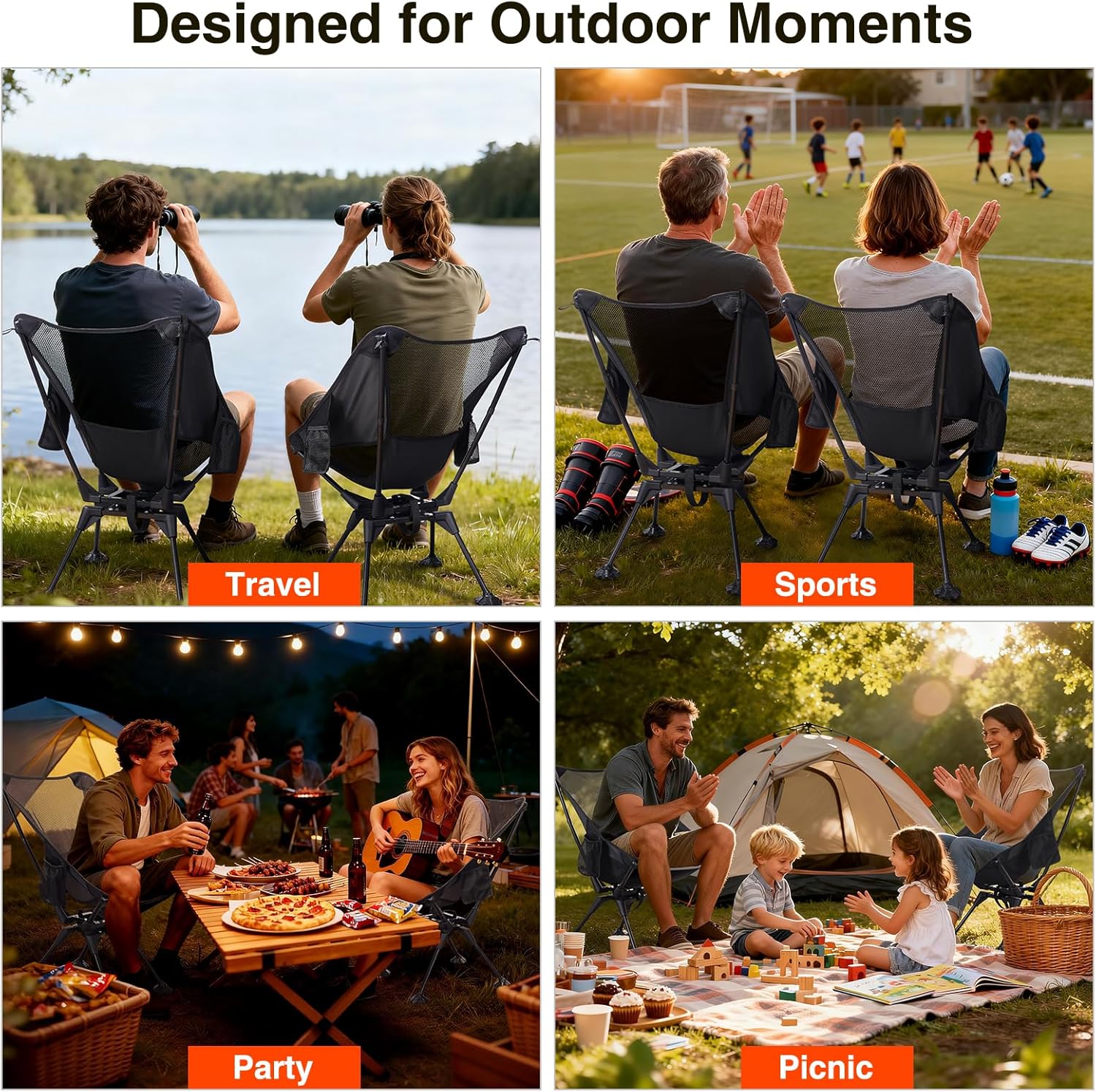 Trakiom 360° Swivel Folding Camping Chairs, Compact and Portable Chair for Outdoor Camp, Foldable Chairs with Anti-Sinking Large Feet for Travel, Beach, Picnic, Sports, Fishing Support 300 LBS(Black)