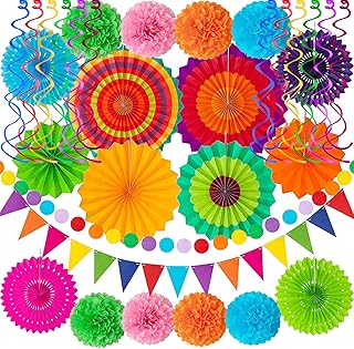 32Pcs Cinco De Mayo Decorations Fiesta Party Decorations Multi-Color Paper Fans Garlands Pennant Pom
