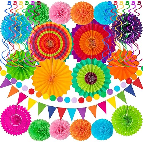 32Pcs Cinco De Mayo Decorations Fiesta Party Decorations Multi-Color Paper Fans Garlands Pennant Pom Poms Hanging Swirls for Birthday Wedding Rainbow Mexican Party