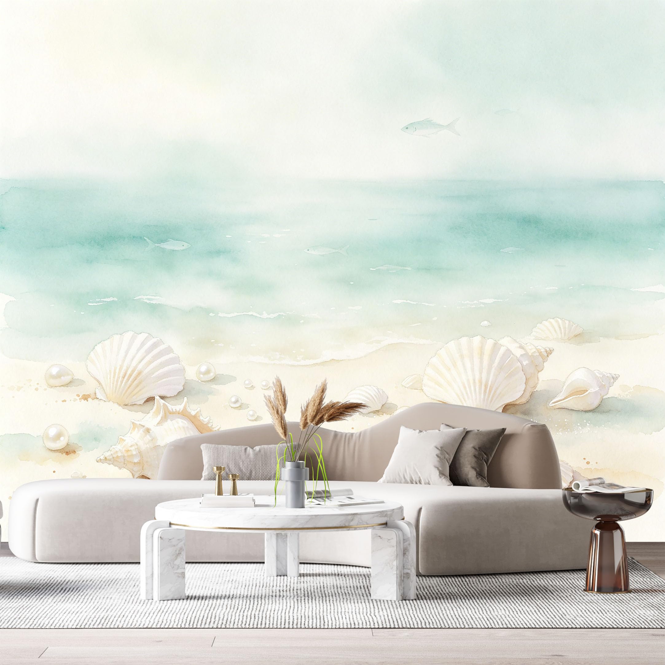 Custom Size Wall Murals Coastal Ocean Marine Watercolor Seashells Pearls SelfAdhesiveWall Fabric Removable Wallpaper Wall Decor for Living Room Bedroom Bathroom