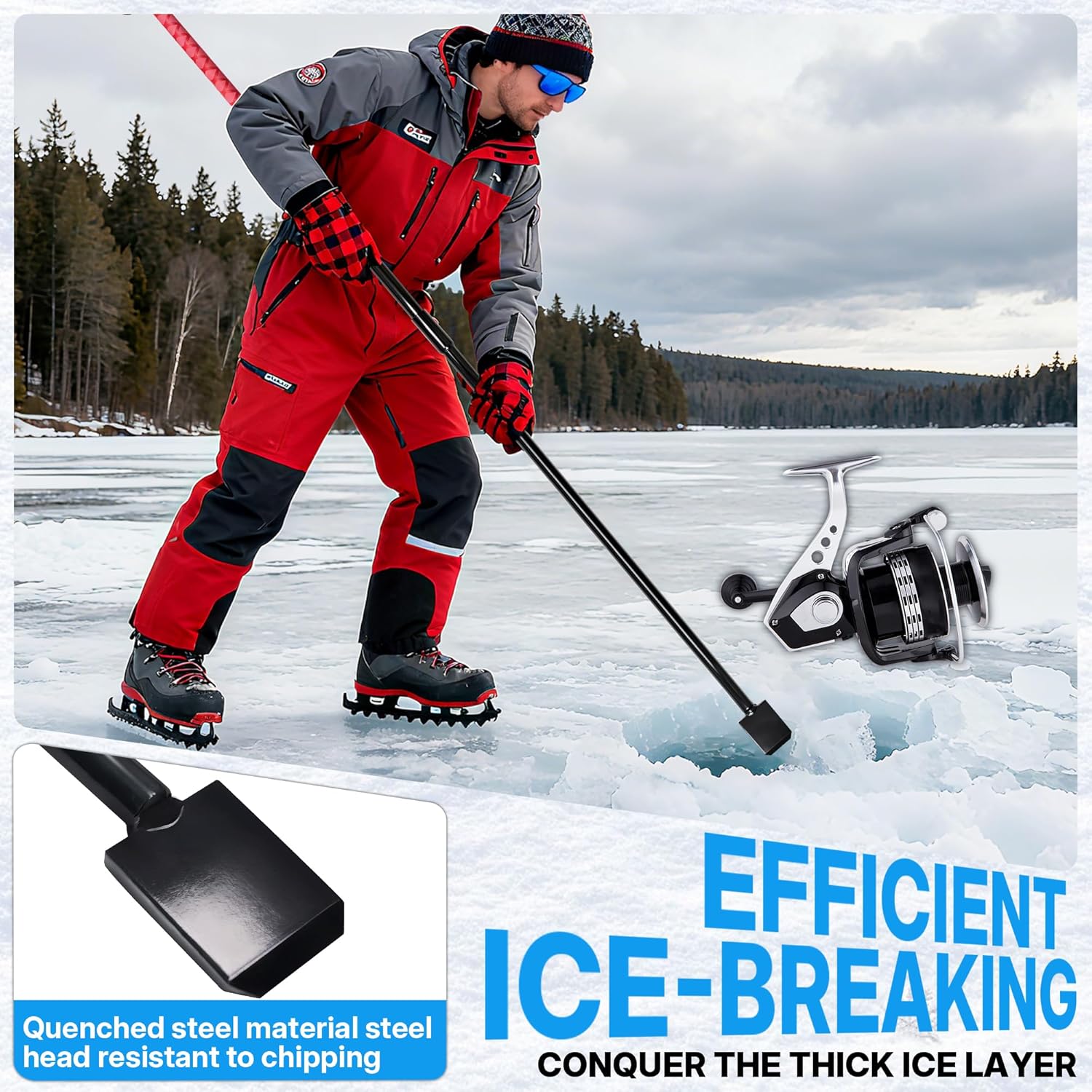 63" Ice Chisel for Ice Fishing Long Handle Ice Scraper 2-Section Detachable, Heavy Duty Ice Chipper Spud Bar for Efficient Chiseling, Ice Fishing Gear Accessories, Ideal Fishing Gifts for Men