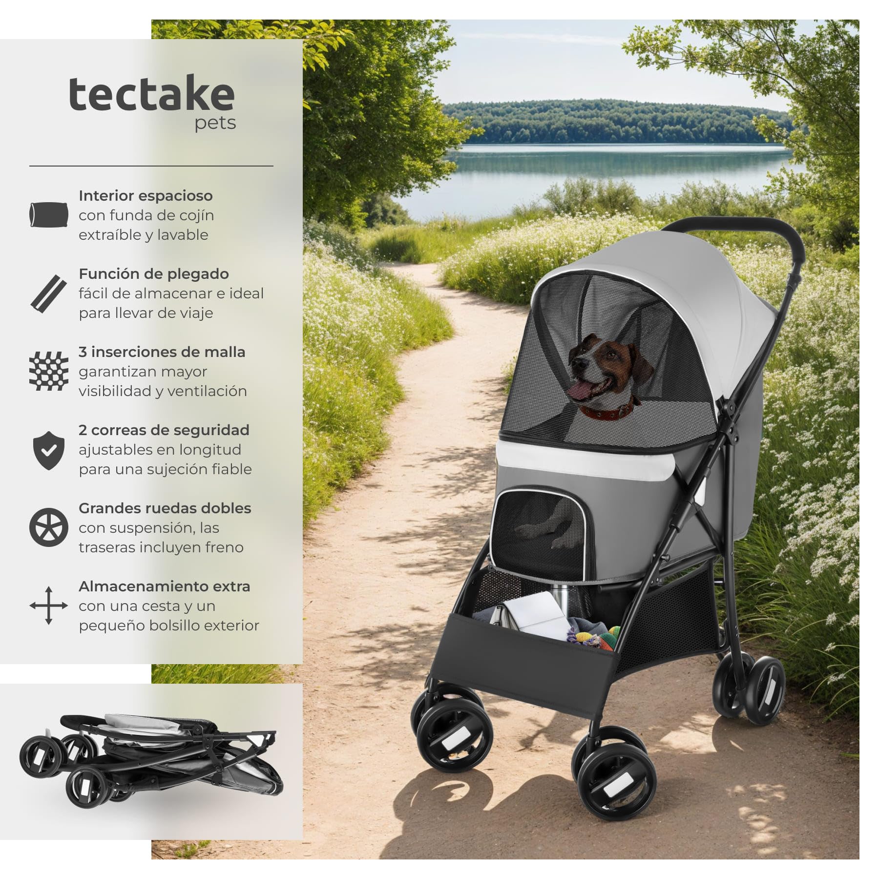 tectake® Carrito para Mascotas, Plegable, con Suspensión y 2 Arneses Ajustables, Ruedas Dobles Giratorias y con Freno, Tejido Oxford Resistente al Agua, Transporte Seguro para Perros, Gatos y Mascotas