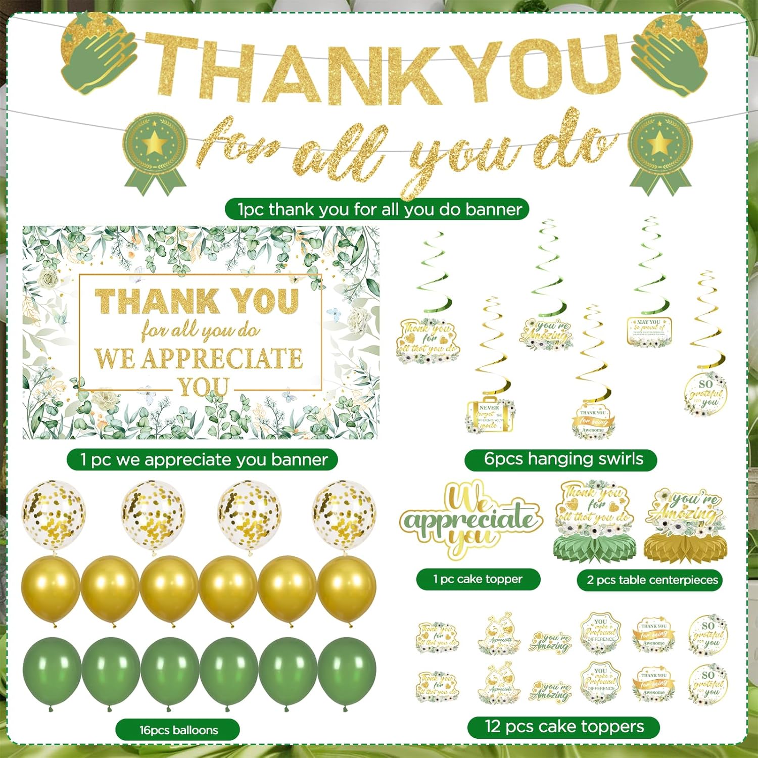 39pcs We Appreciate You Banner Decorations Sage Green Gold Thank You for All You Do Banner Backdrop Balloons Hanging Swirls Cake Toppers Table Centerpieces Staff Employee Appreciation Decorations