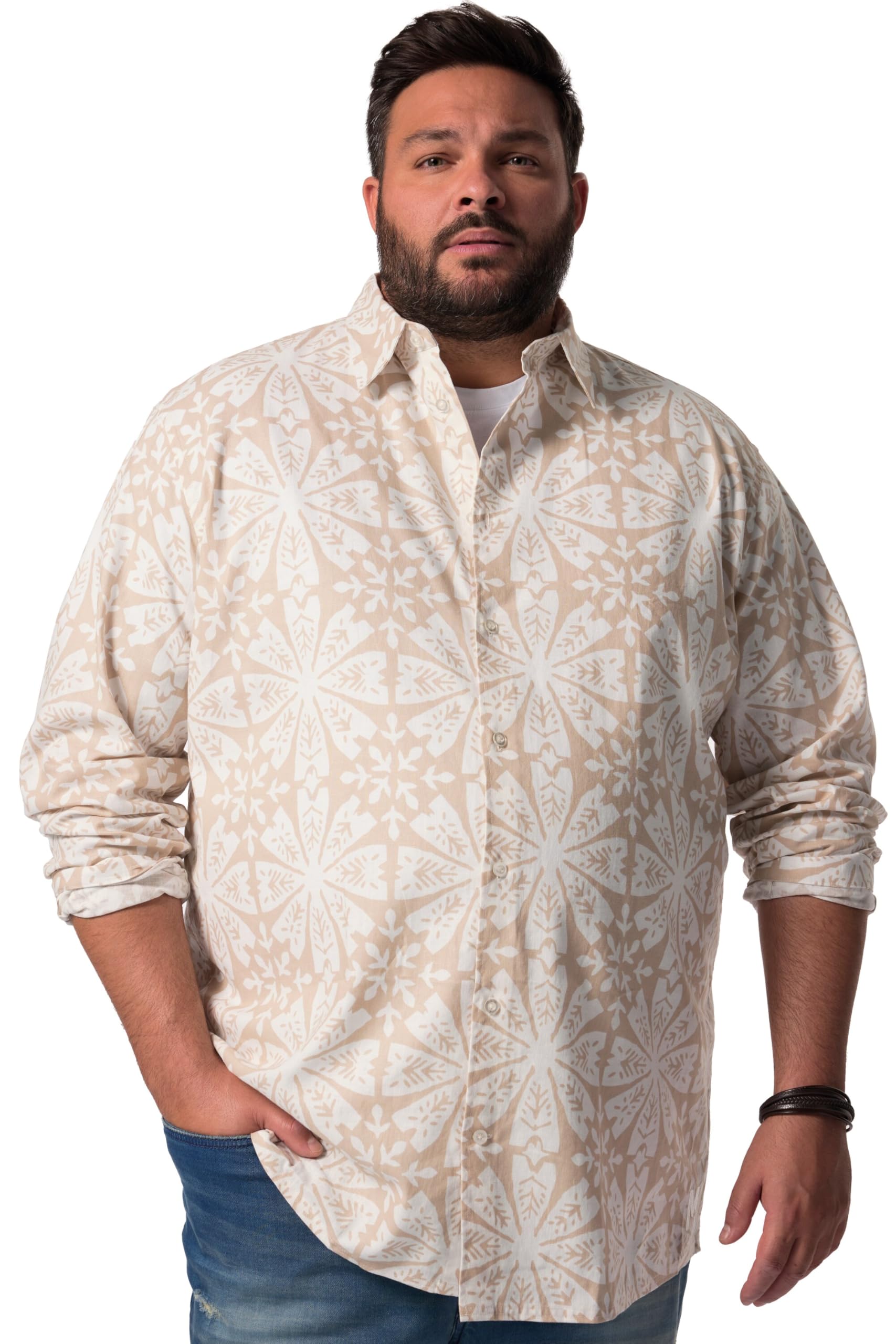 Men Plus Herren große Größen Übergrößen Menswear L-8XL Leinenoptik-Hemd, Langarm, Kentkragen, Comfort Fit, Alloverdruck 835000