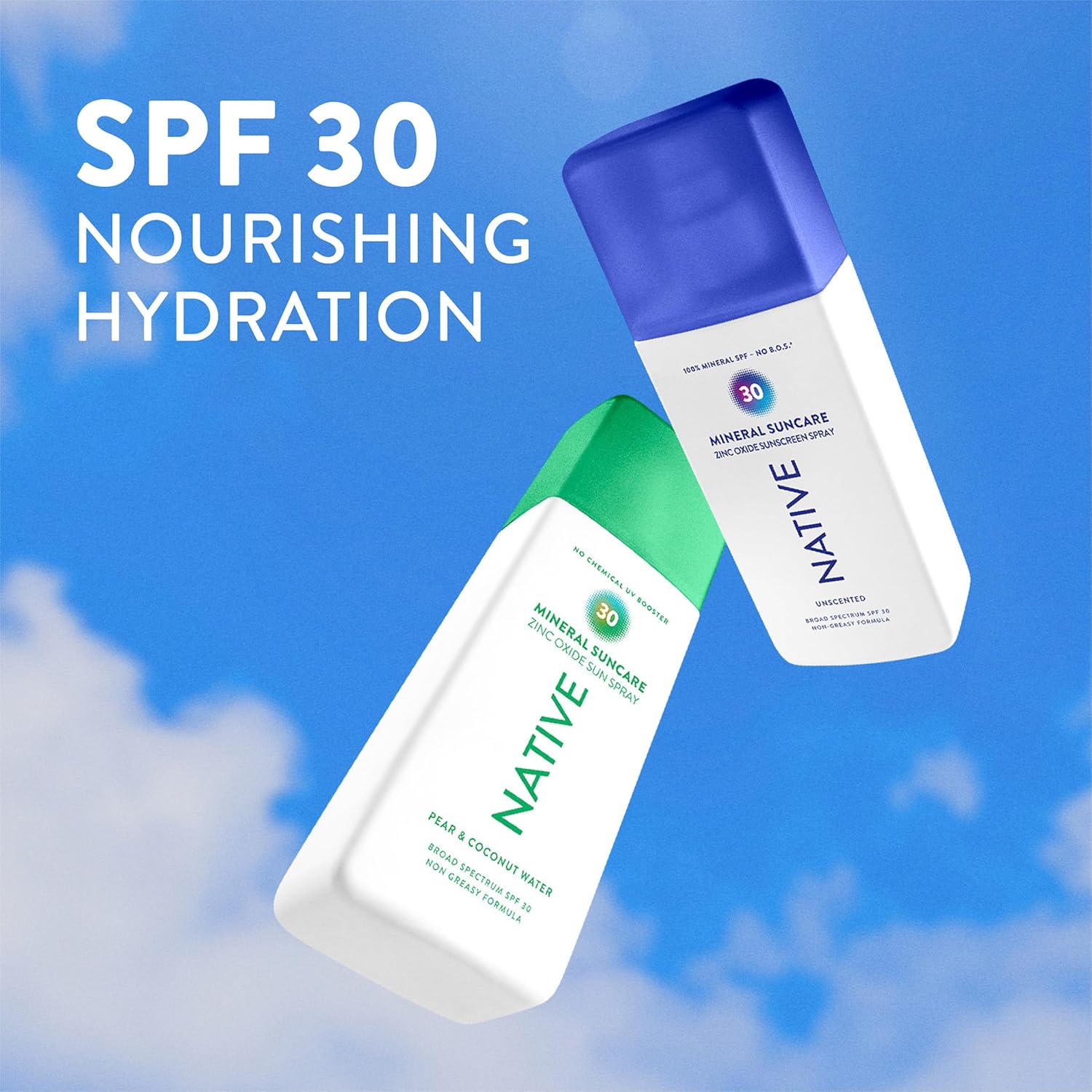 Native Mineral Sunscreen Spray SPF 30, Unscented, with 100% Mineral Zinc Oxide for Face & Body, Hawaii Compliant, Vegan, No White Cast - 7 oz