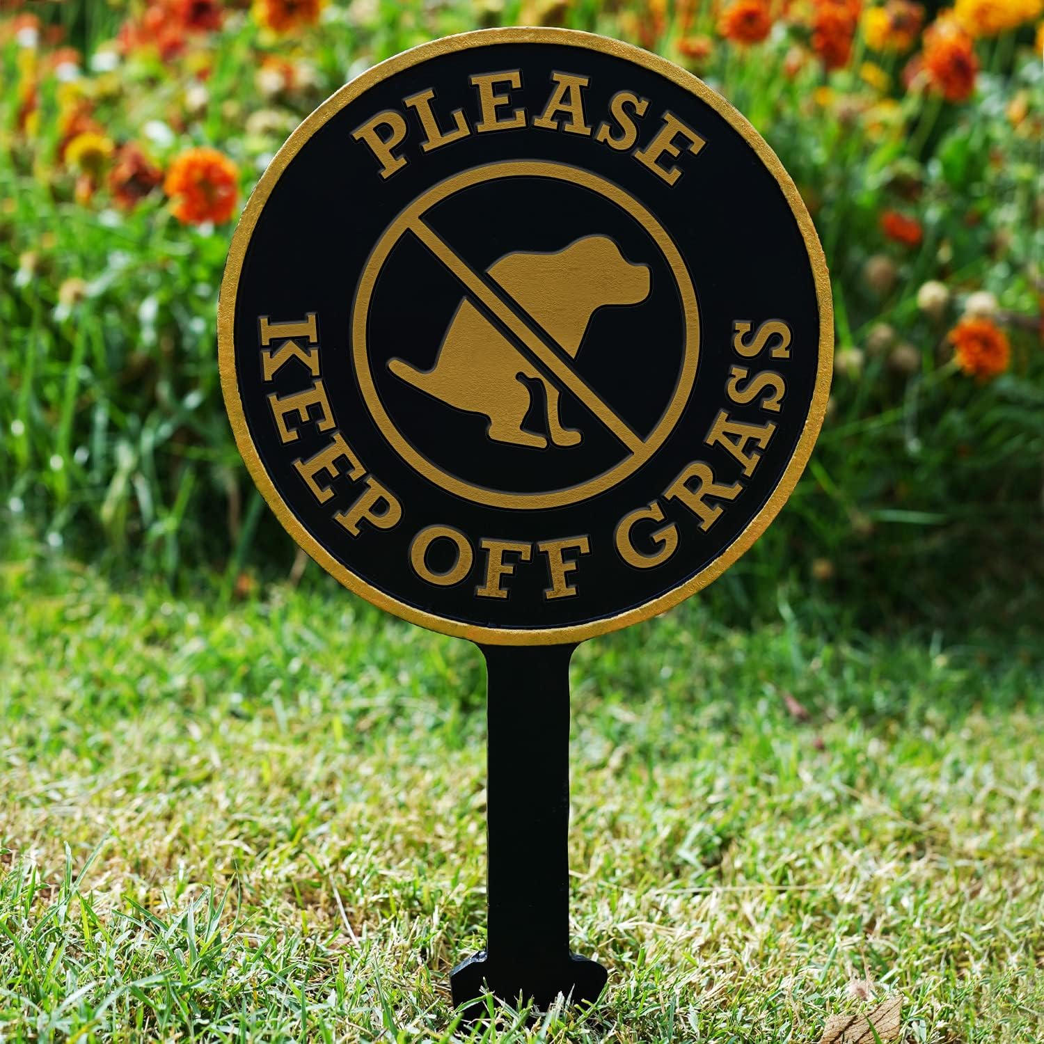 SmartSign Please Keep Off Grass No Dog Poop Yard Sign for Lawn/Outdoor - Single-Sided, 17 x 7.5 inch, 375 mil Thick Rustproof Cast Aluminum Metal Plaque, Black and Gold