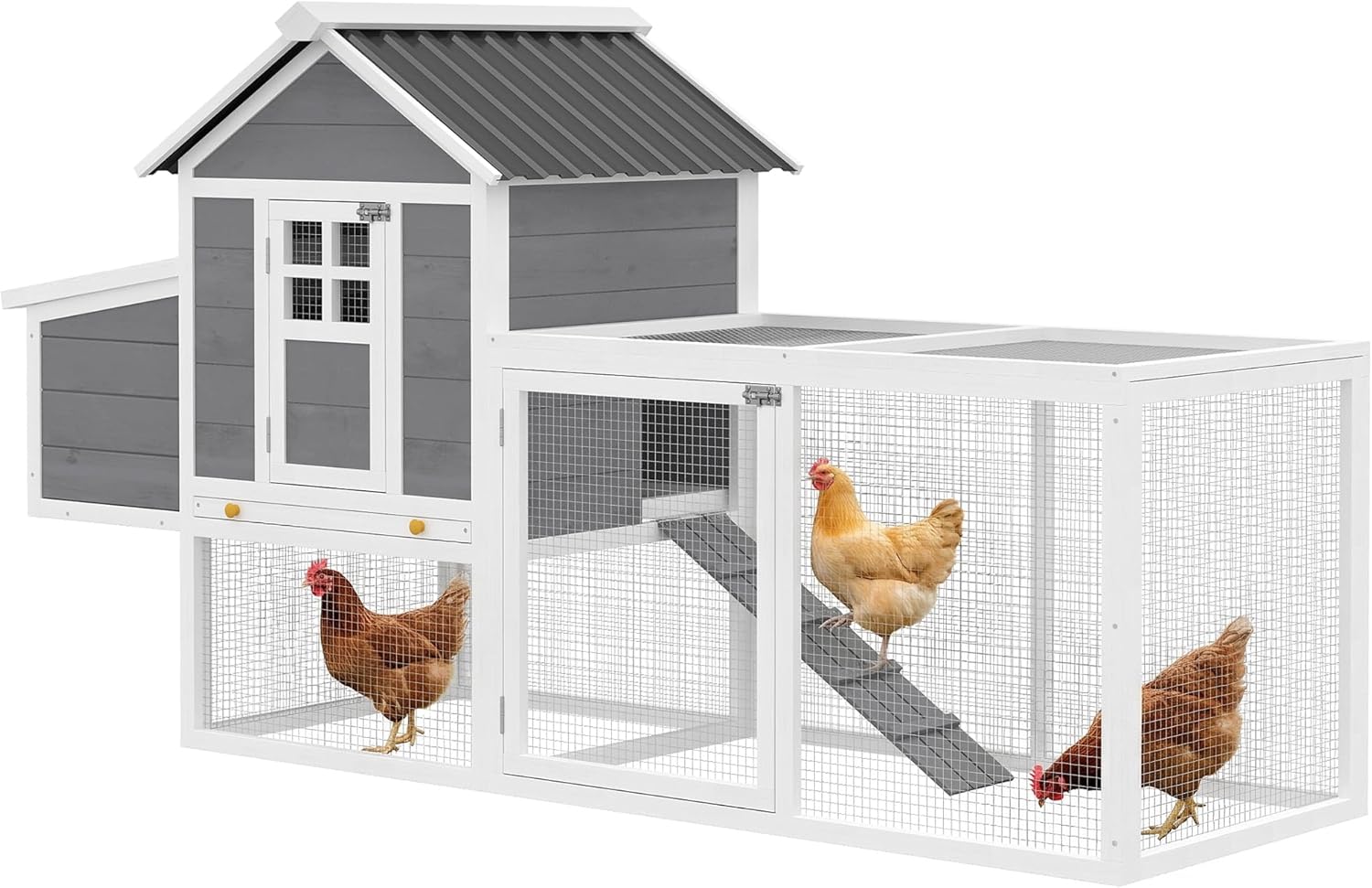 PawHut 82" Wooden Chicken Coop, Large Outdoor Hen House Poultry Hutch for 2-3 Hens, Chicken House with Nesting Box, Pull-on Tray, Waterproof Roof, Ramp and Roosting Bars for Backyard, Gray