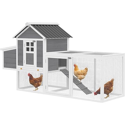 PawHut 82" Wooden Chicken Coop, Large Outdoor Hen House Poultry Hutch for 2-3 Hens, Chicken House with Nesting Box, Pull-on Tray, Waterproof Roof, Ramp and Roosting Bars for Backyard, Gray