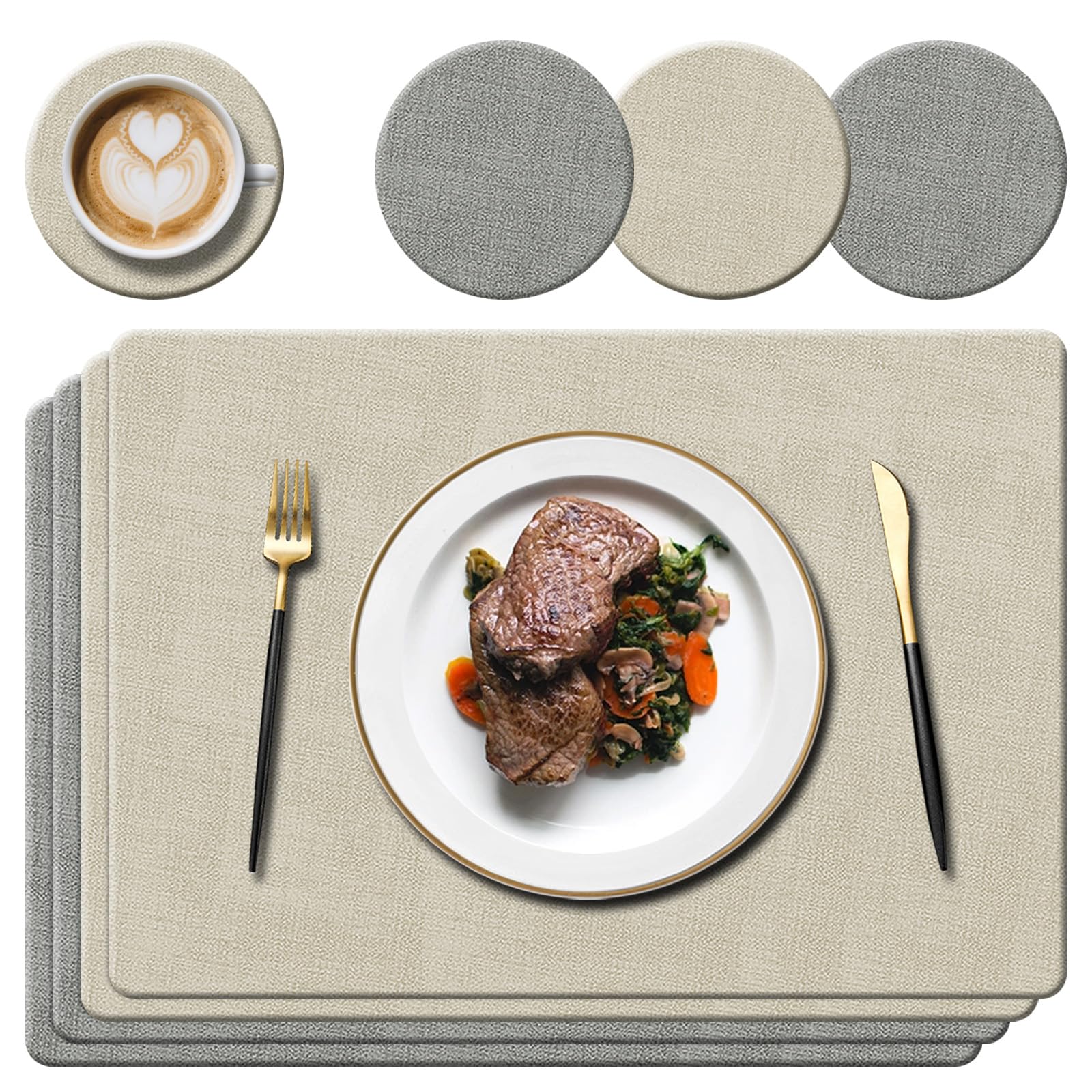 Faux Leather Place Mats and Coasters, Light Grey/Cream, 43x30cm, Set of 4