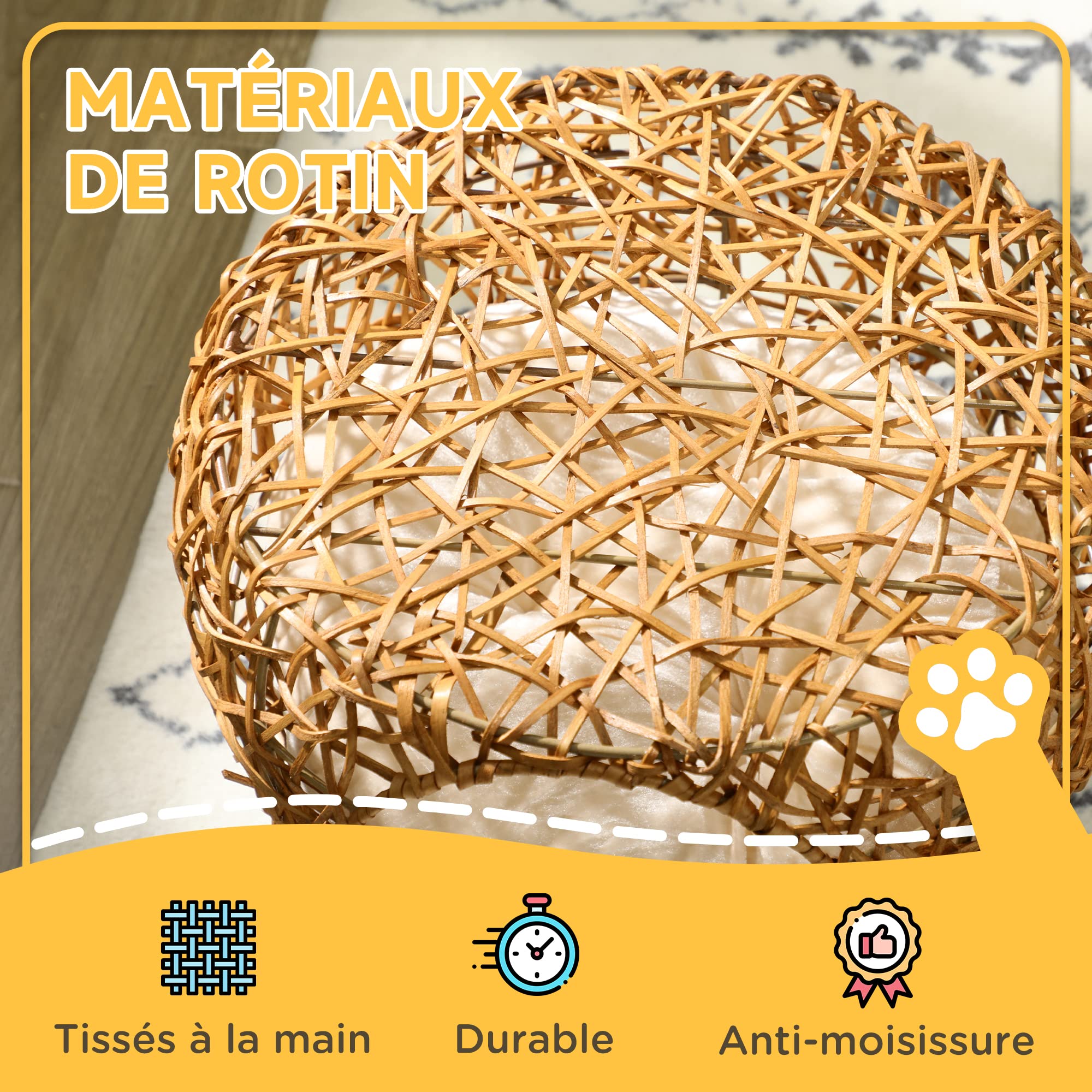 PawHut Panier Niche Maison pour Chat sur Pied en rotin avec Coussin épais dim. Ø 40 x 32 cm Marron Clair