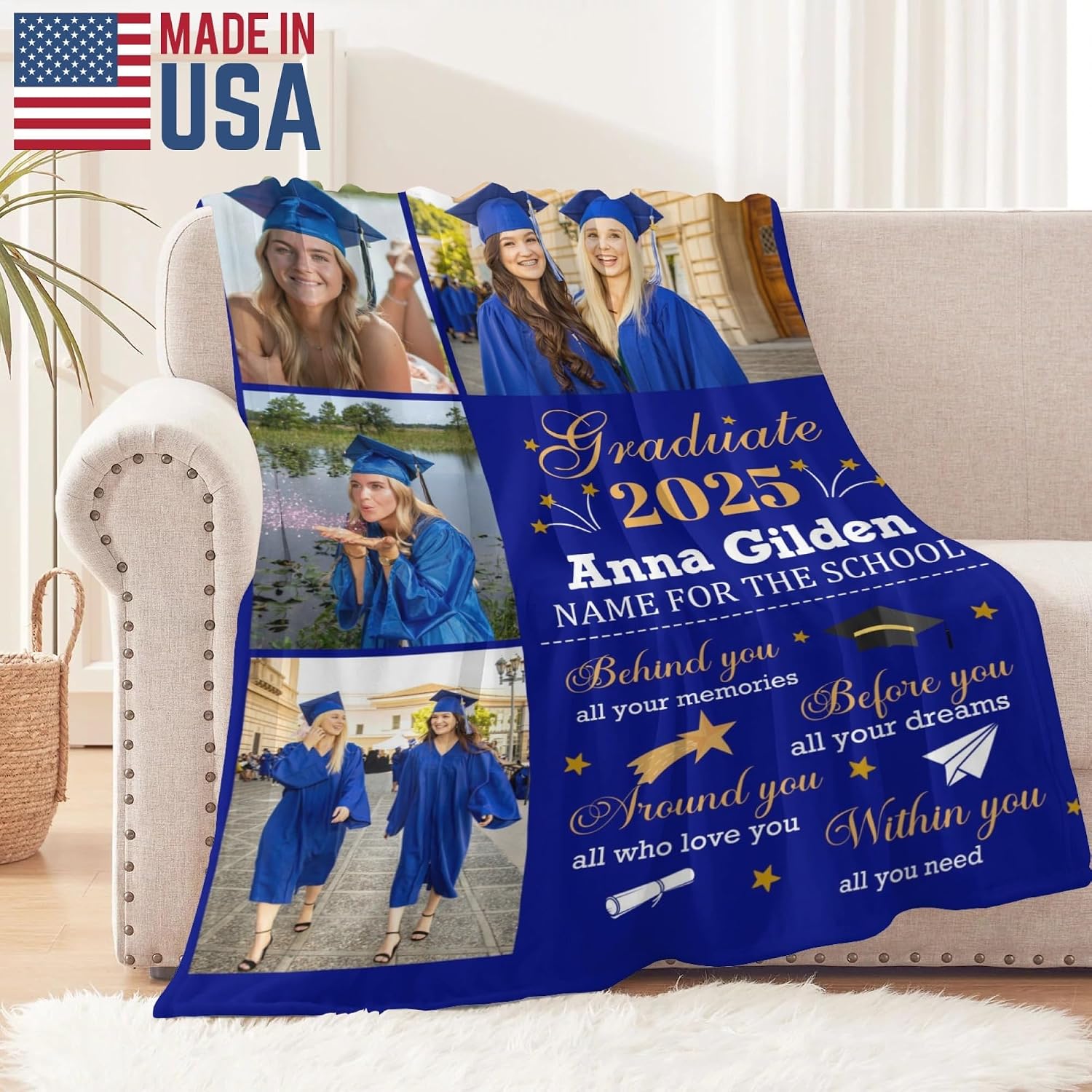Personalized Graduation Blanket Gifts with Name, Customized Class of 2026 Photo Blanket for Graduation Day, Custom Soft Throw Blankets, Senior 2026 Graduation Decoration for Couch Sofa Bed Bedroom